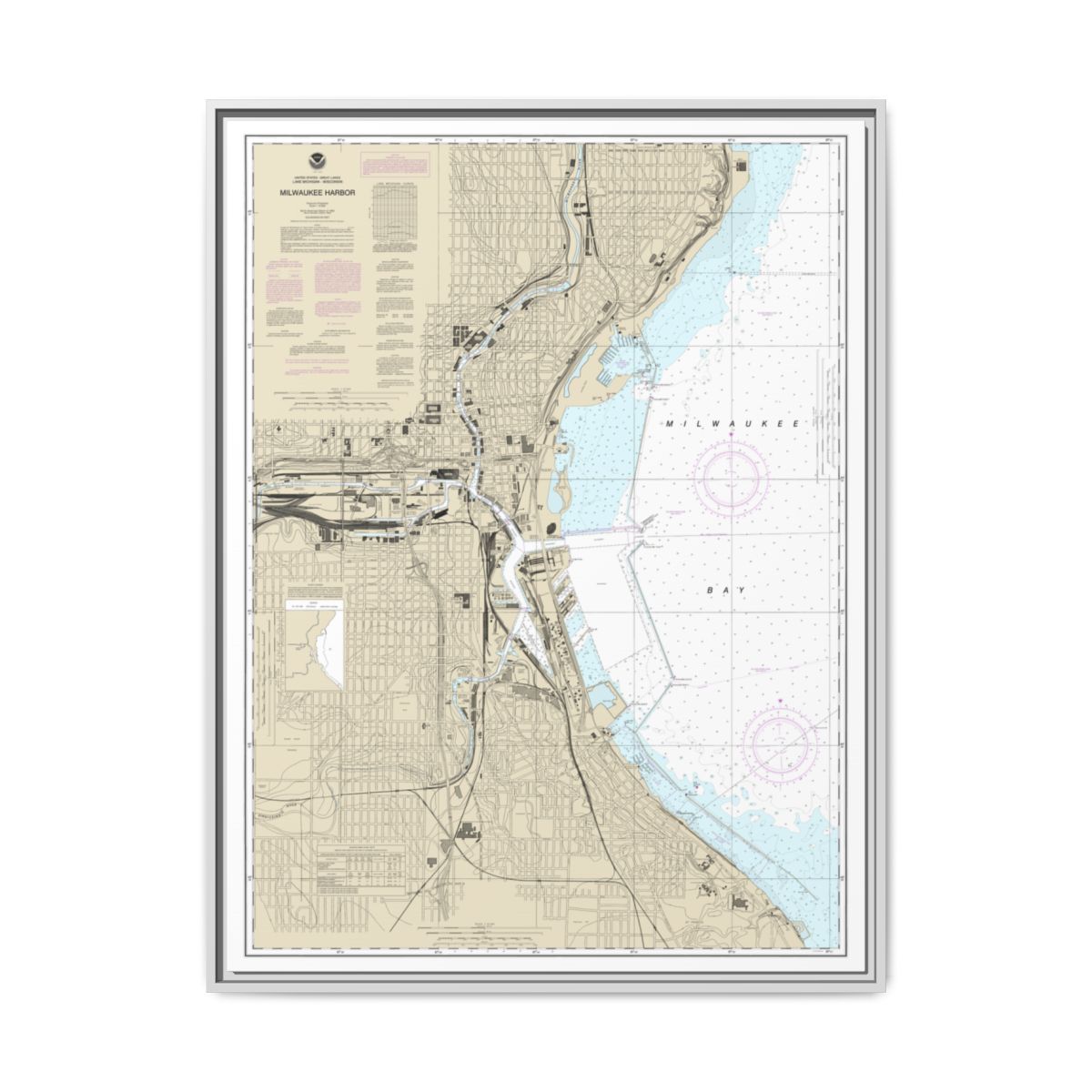 Chart 14924 Milwaukee Harbor - NOAA Nautical Chart Floating Frame Canvas | 24" x 32" | 30" x 40" - White front