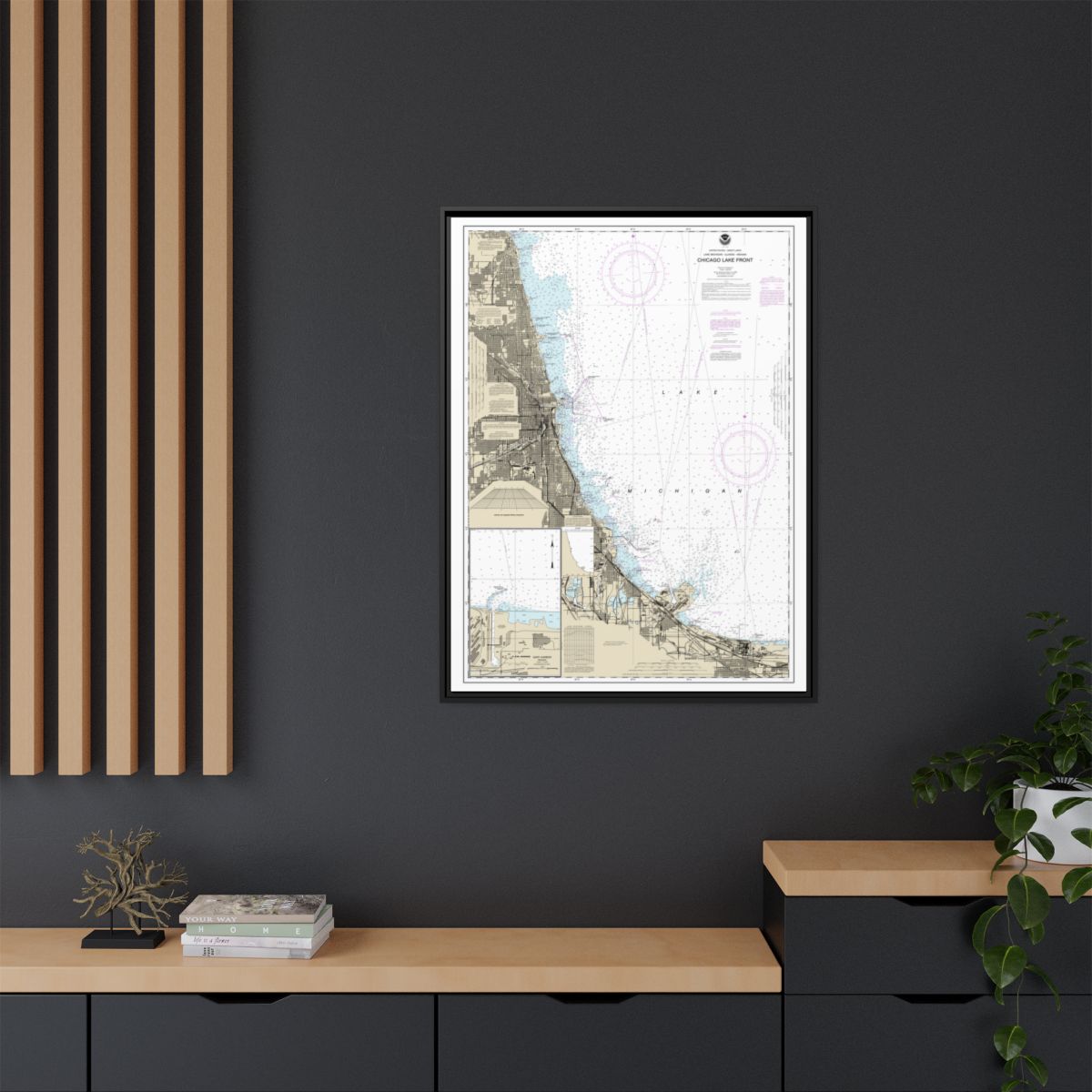 Chart 14927 Chicago Lake Front;Gary Harbor - NOAA Nautical Chart Floating Frame Canvas | 24" x 32" | 30" x 40" - Black context-2