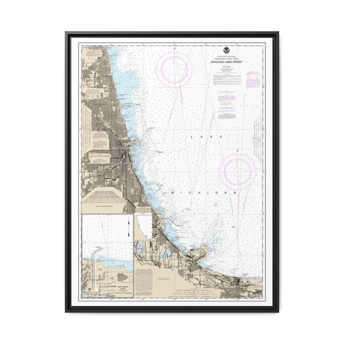 Chart 14927 Chicago Lake Front;Gary Harbor - NOAA Nautical Chart Floating Frame Canvas | 24" x 32" | 30" x 40" - Black front