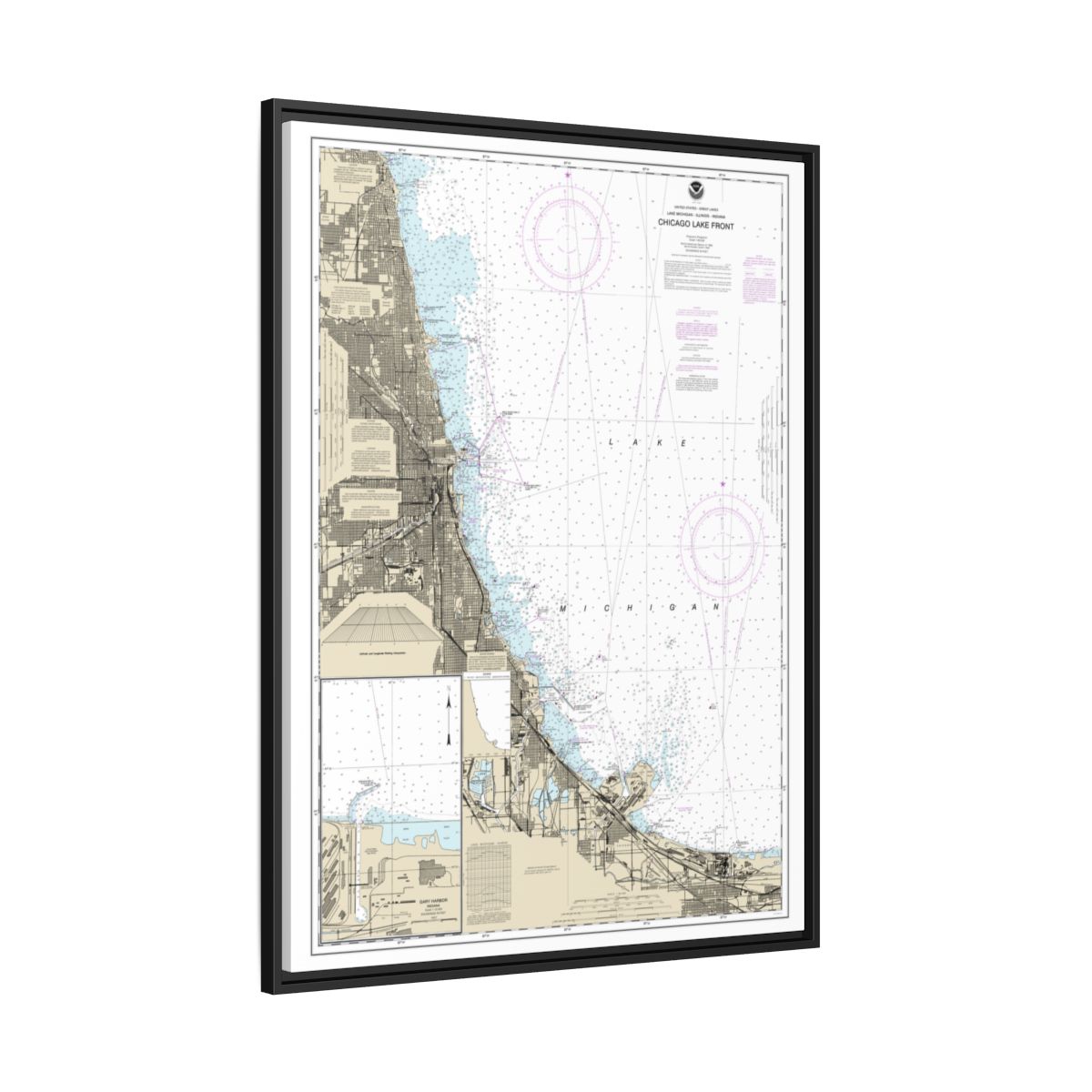 Chart 14927 Chicago Lake Front;Gary Harbor - NOAA Nautical Chart Floating Frame Canvas | 24" x 32" | 30" x 40" - Black side