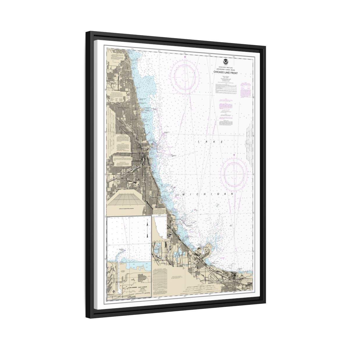 Chart 14927 Chicago Lake Front;Gary Harbor - NOAA Nautical Chart Floating Frame Canvas | 24" x 32" | 30" x 40" - Black side