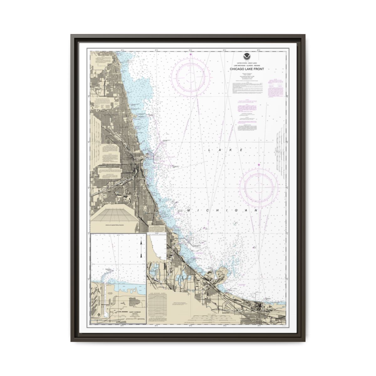 Chart 14927 Chicago Lake Front;Gary Harbor - NOAA Nautical Chart Floating Frame Canvas | 24" x 32" | 30" x 40" - Espresso front