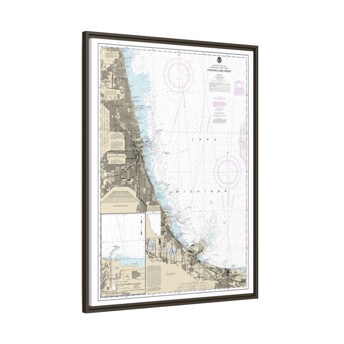 Chart 14927 Chicago Lake Front;Gary Harbor - NOAA Nautical Chart Floating Frame Canvas | 24" x 32" | 30" x 40" - Espresso side