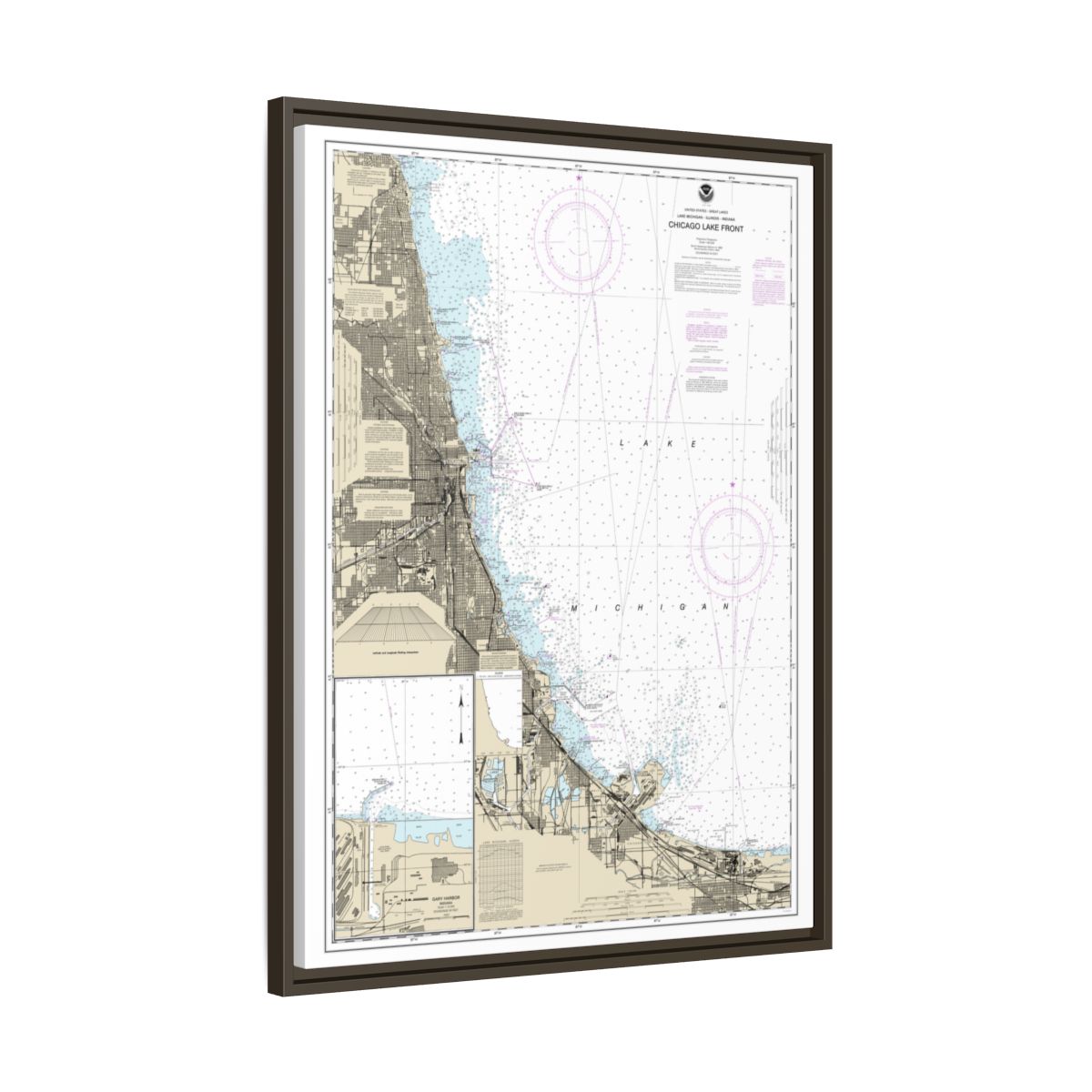 Chart 14927 Chicago Lake Front;Gary Harbor - NOAA Nautical Chart Floating Frame Canvas | 24" x 32" | 30" x 40" - Espresso side