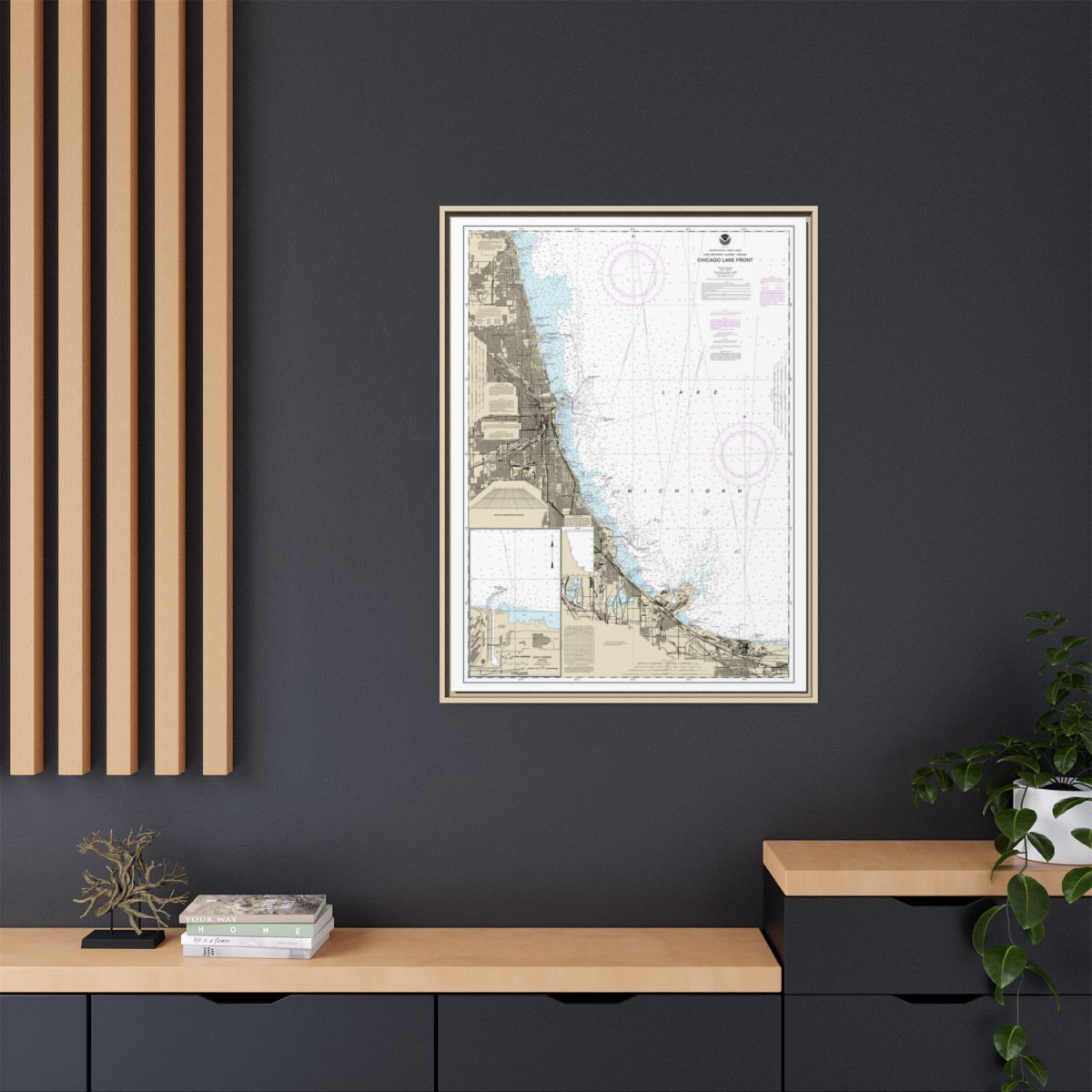 Chart 14927 Chicago Lake Front;Gary Harbor - NOAA Nautical Chart Floating Frame Canvas | 24" x 32" | 30" x 40" - Natural context-2