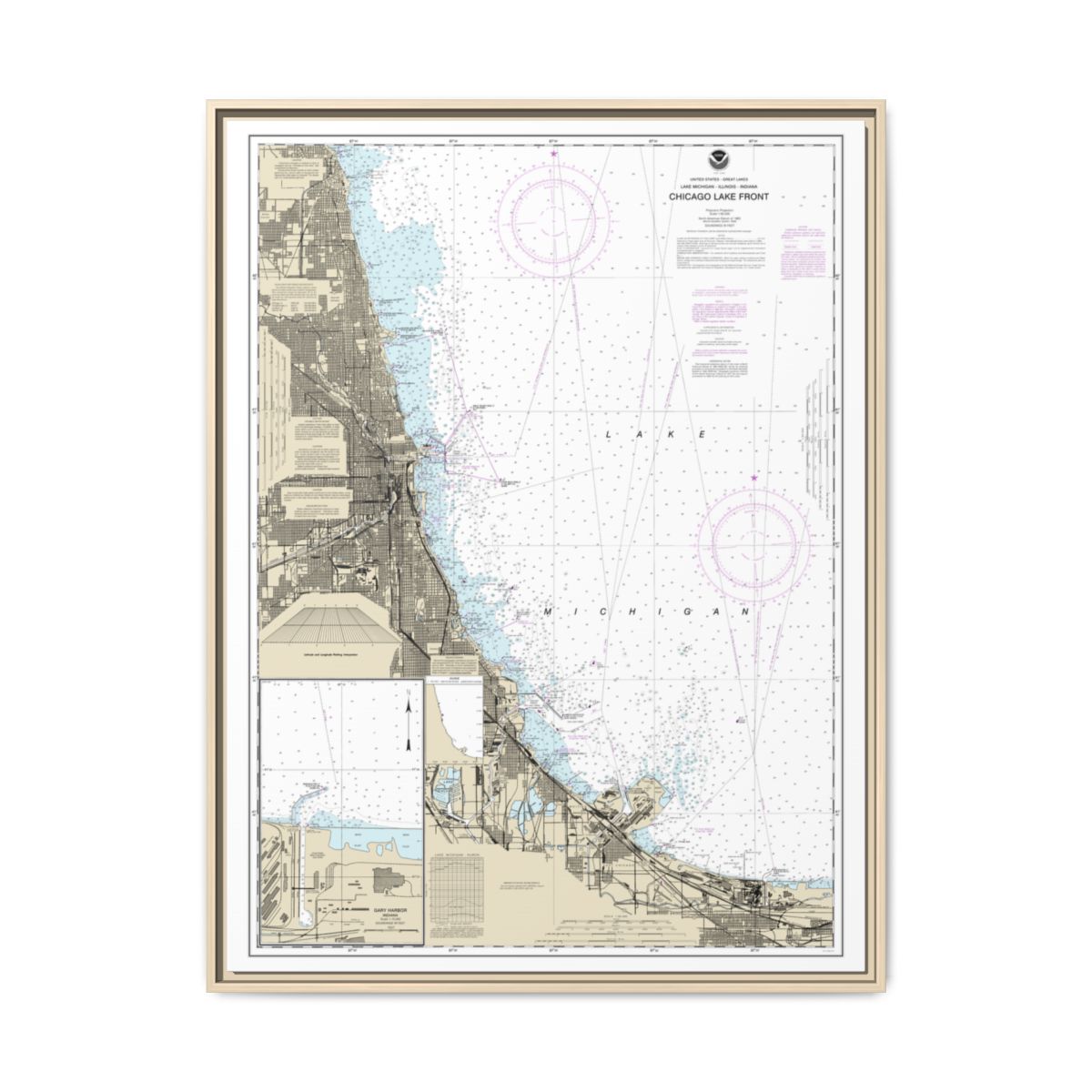 Chart 14927 Chicago Lake Front;Gary Harbor - NOAA Nautical Chart Floating Frame Canvas | 24" x 32" | 30" x 40" - Natural front