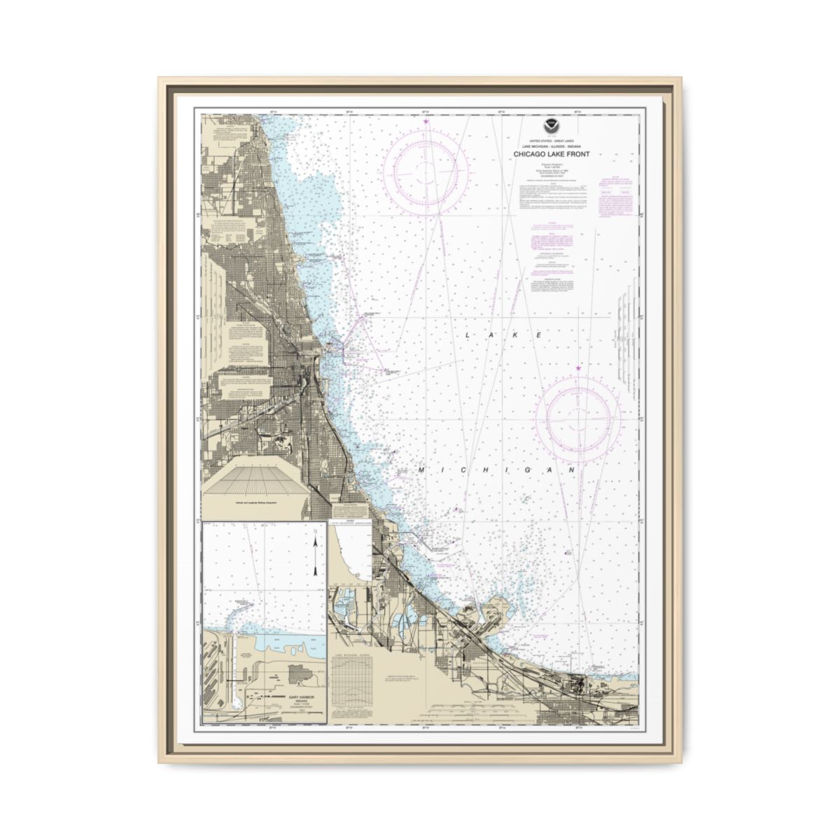 Chart 14927 Chicago Lake Front;Gary Harbor - NOAA Nautical Chart Floating Frame Canvas | 24" x 32" | 30" x 40" - Natural front