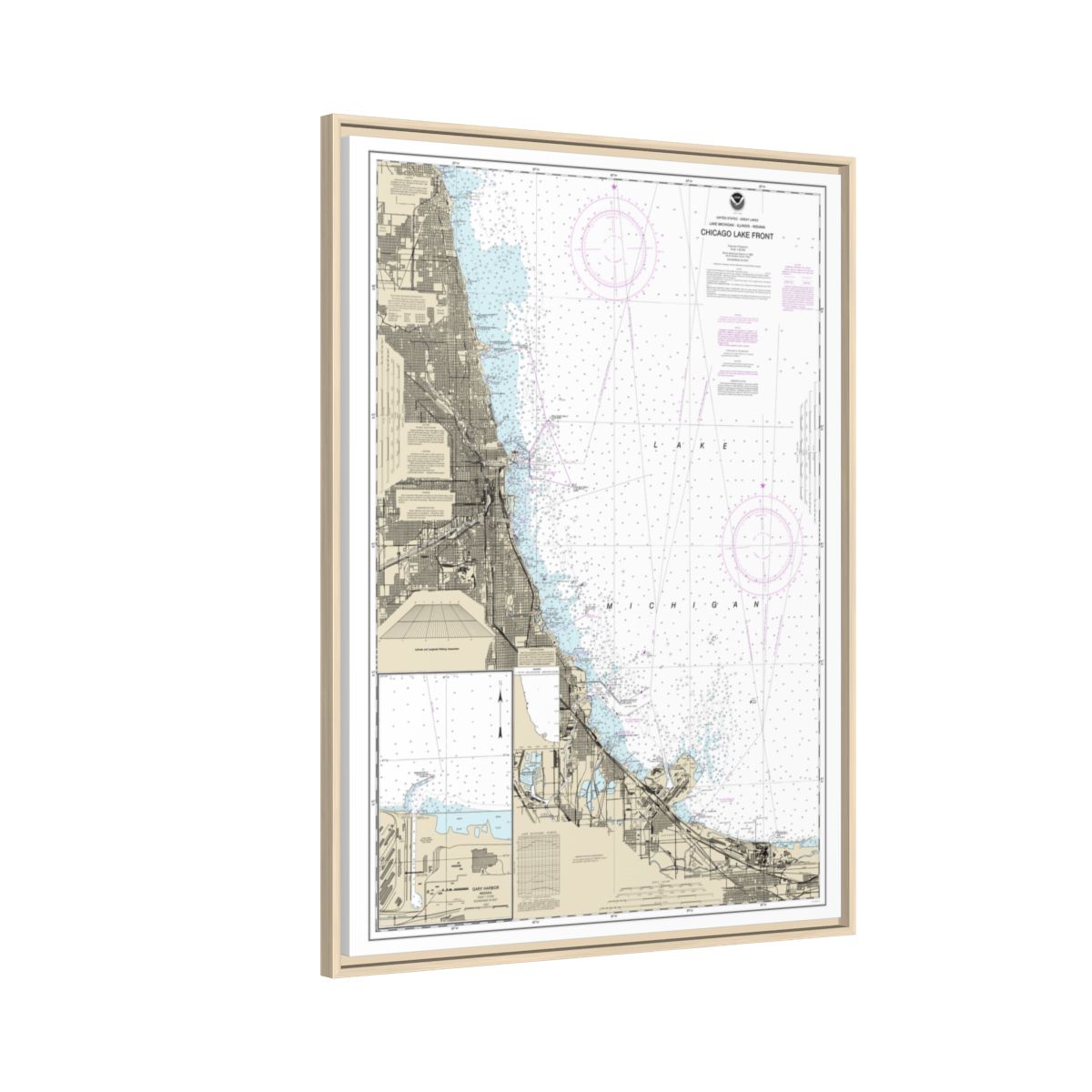 Chart 14927 Chicago Lake Front;Gary Harbor - NOAA Nautical Chart Floating Frame Canvas | 24" x 32" | 30" x 40" - Natural side