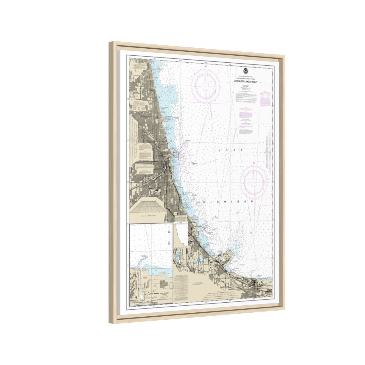 Chart 14927 Chicago Lake Front;Gary Harbor - NOAA Nautical Chart Floating Frame Canvas | 24" x 32" | 30" x 40" - Natural side