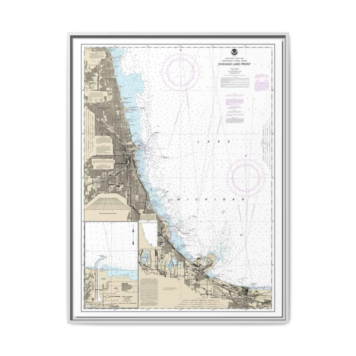 Chart 14927 Chicago Lake Front;Gary Harbor - NOAA Nautical Chart Floating Frame Canvas | 24" x 32" | 30" x 40" - White front