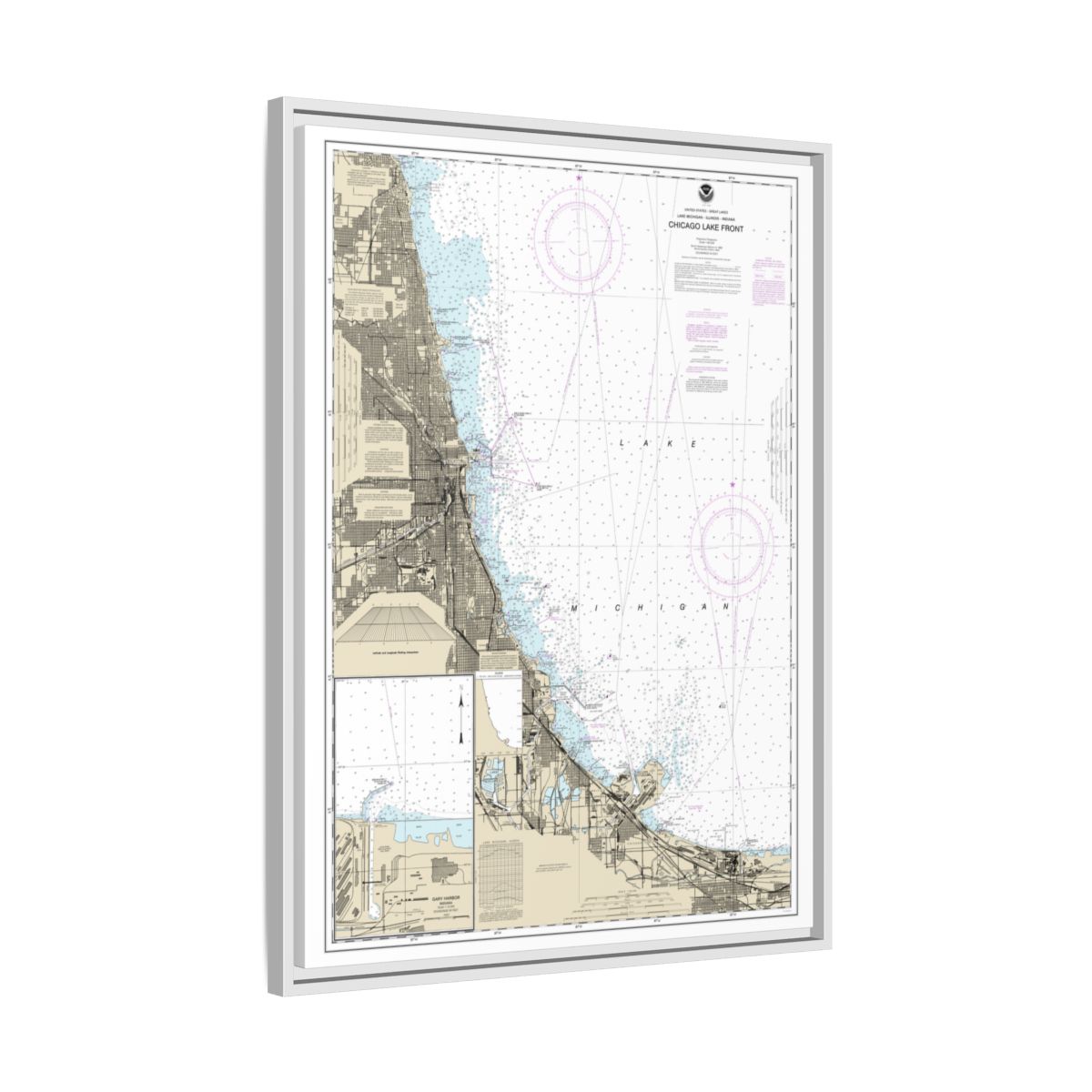 Chart 14927 Chicago Lake Front;Gary Harbor - NOAA Nautical Chart Floating Frame Canvas | 24" x 32" | 30" x 40" - White side