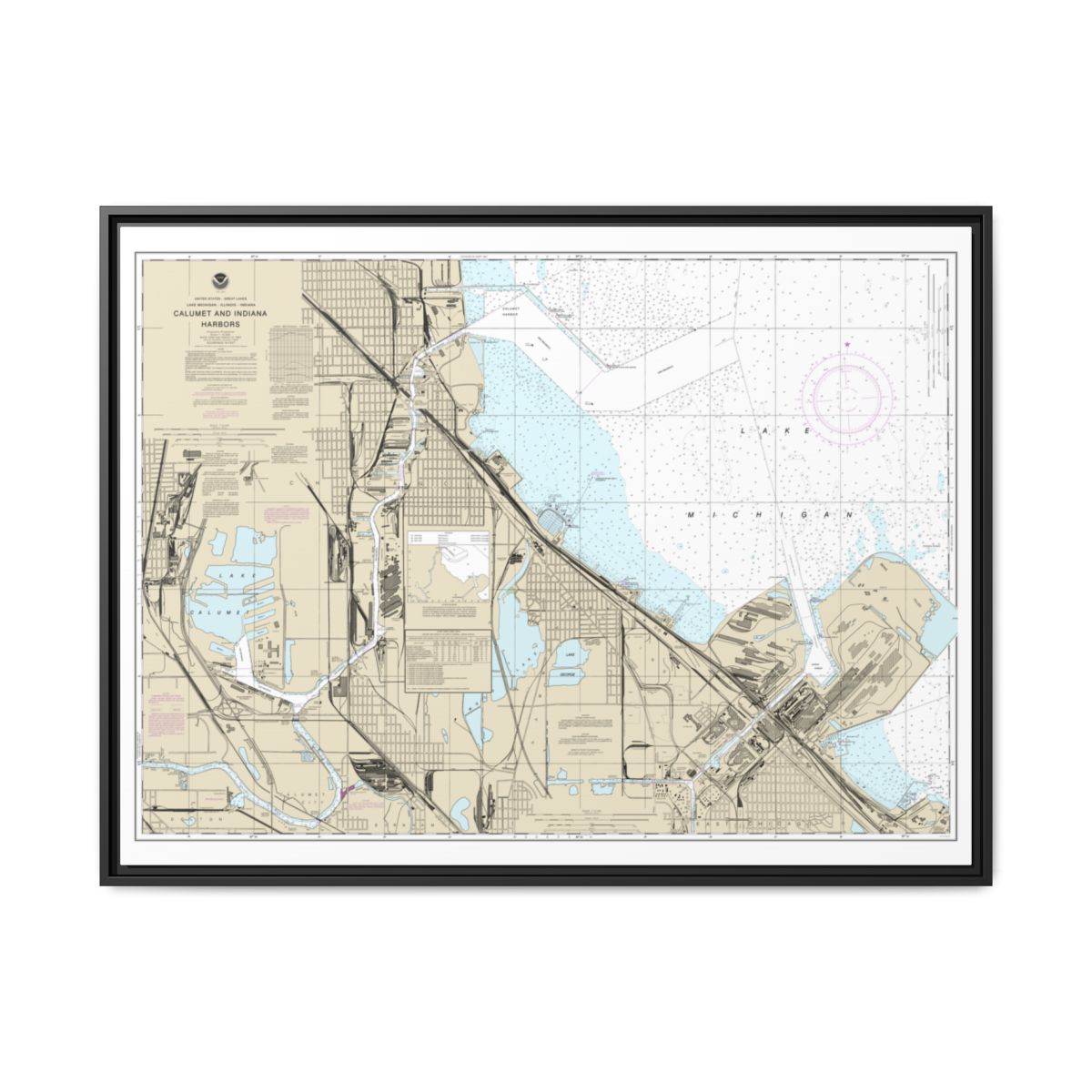 Chart 14929 Calumet, Indiana and Buffington Harbors, and Lake Calumet - NOAA Nautical Chart Floating Frame Canvas | 32" x 24" | 40" x 30" - Black front