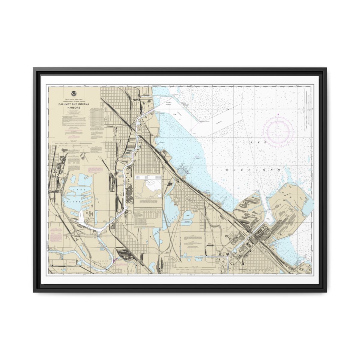 Chart 14929 Calumet, Indiana and Buffington Harbors, and Lake Calumet - NOAA Nautical Chart Floating Frame Canvas | 32" x 24" | 40" x 30" - Black front