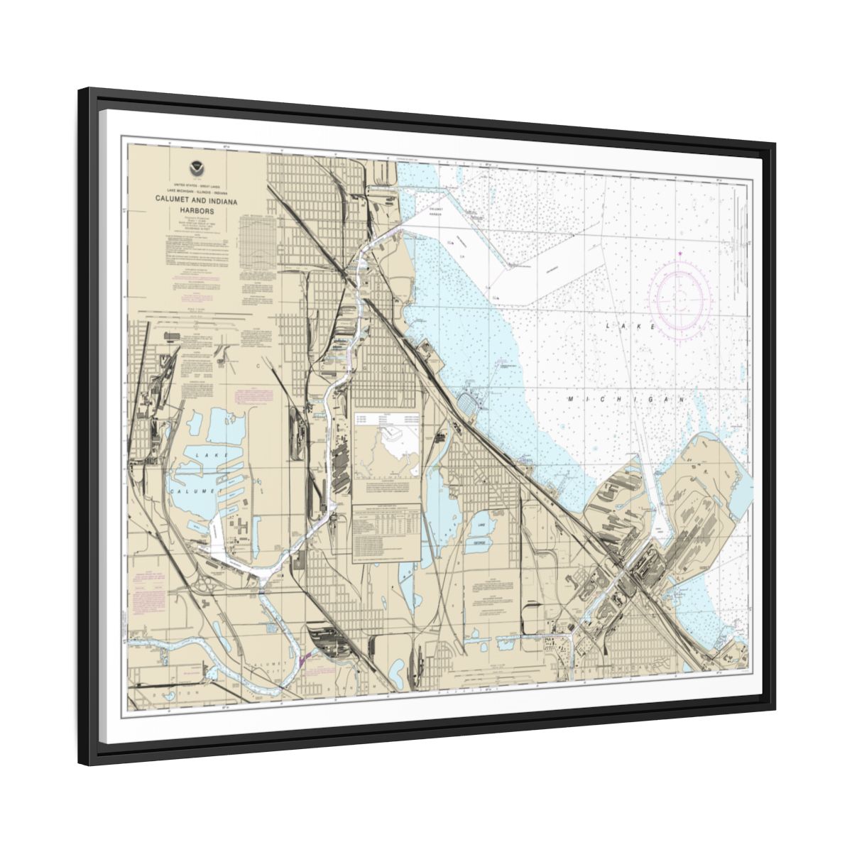 Chart 14929 Calumet, Indiana and Buffington Harbors, and Lake Calumet - NOAA Nautical Chart Floating Frame Canvas | 32" x 24" | 40" x 30" - Black side