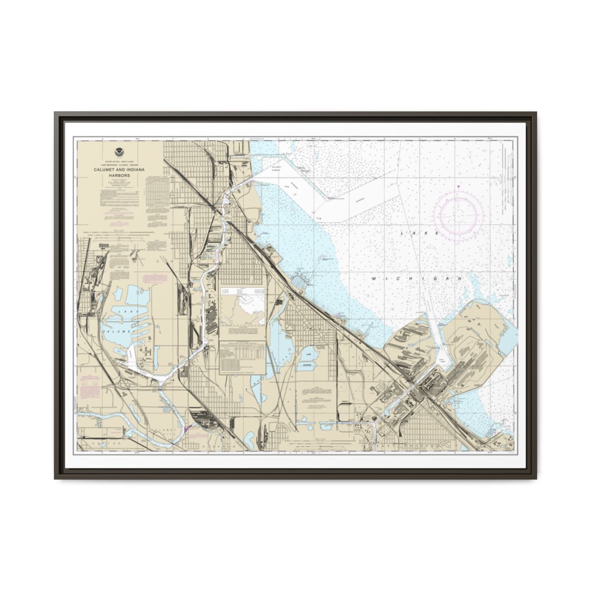 Chart 14929 Calumet, Indiana and Buffington Harbors, and Lake Calumet - NOAA Nautical Chart Floating Frame Canvas | 32" x 24" | 40" x 30" - Espresso front