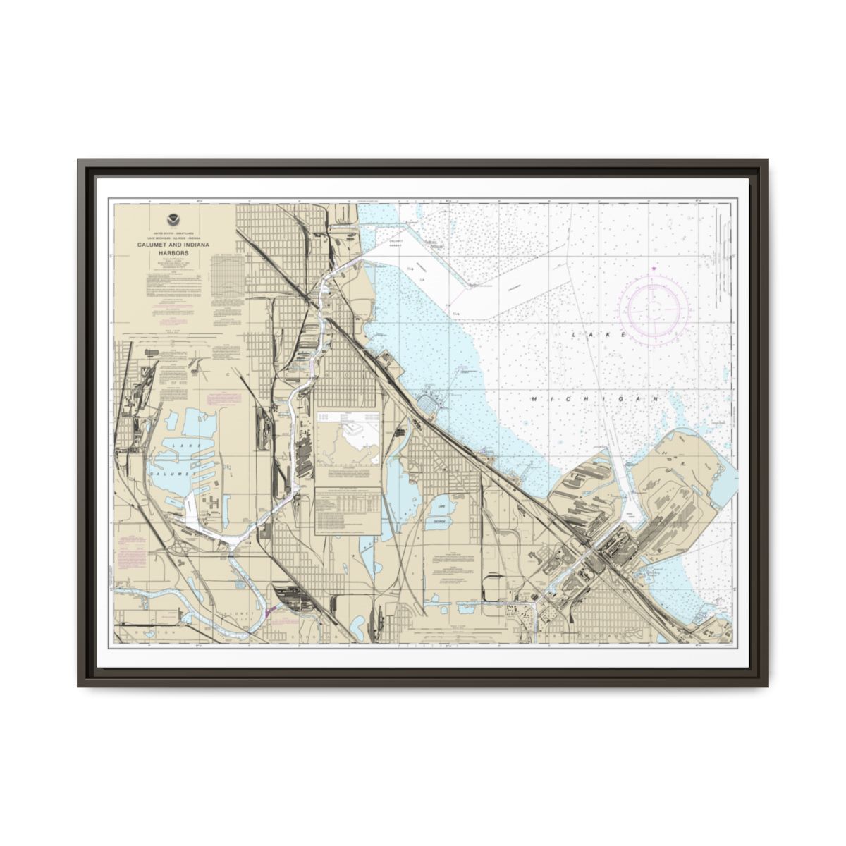 Chart 14929 Calumet, Indiana and Buffington Harbors, and Lake Calumet - NOAA Nautical Chart Floating Frame Canvas | 32" x 24" | 40" x 30" - Espresso front