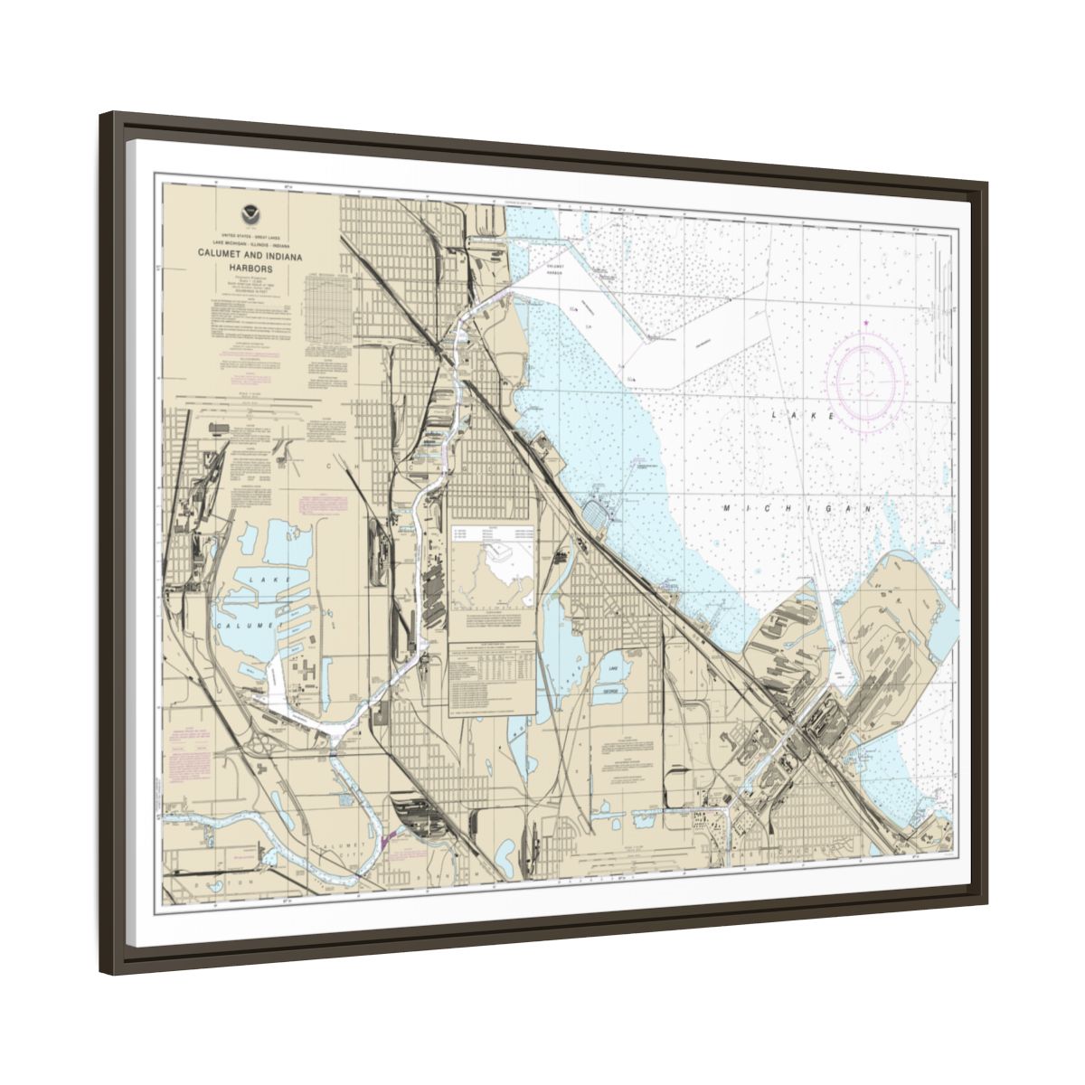 Chart 14929 Calumet, Indiana and Buffington Harbors, and Lake Calumet - NOAA Nautical Chart Floating Frame Canvas | 32" x 24" | 40" x 30" - Espresso side
