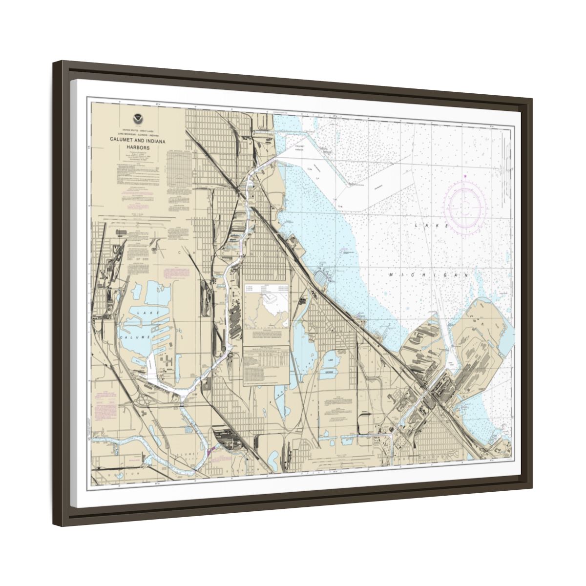Chart 14929 Calumet, Indiana and Buffington Harbors, and Lake Calumet - NOAA Nautical Chart Floating Frame Canvas | 32" x 24" | 40" x 30" - Espresso side