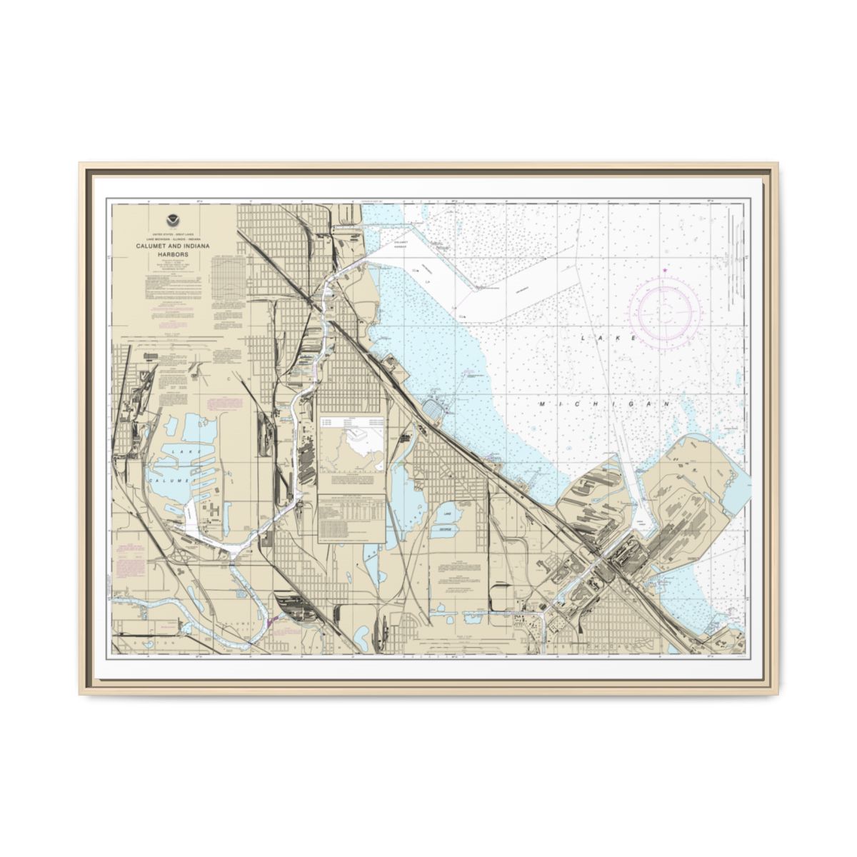 Chart 14929 Calumet, Indiana and Buffington Harbors, and Lake Calumet - NOAA Nautical Chart Floating Frame Canvas | 32" x 24" | 40" x 30" - Natural front