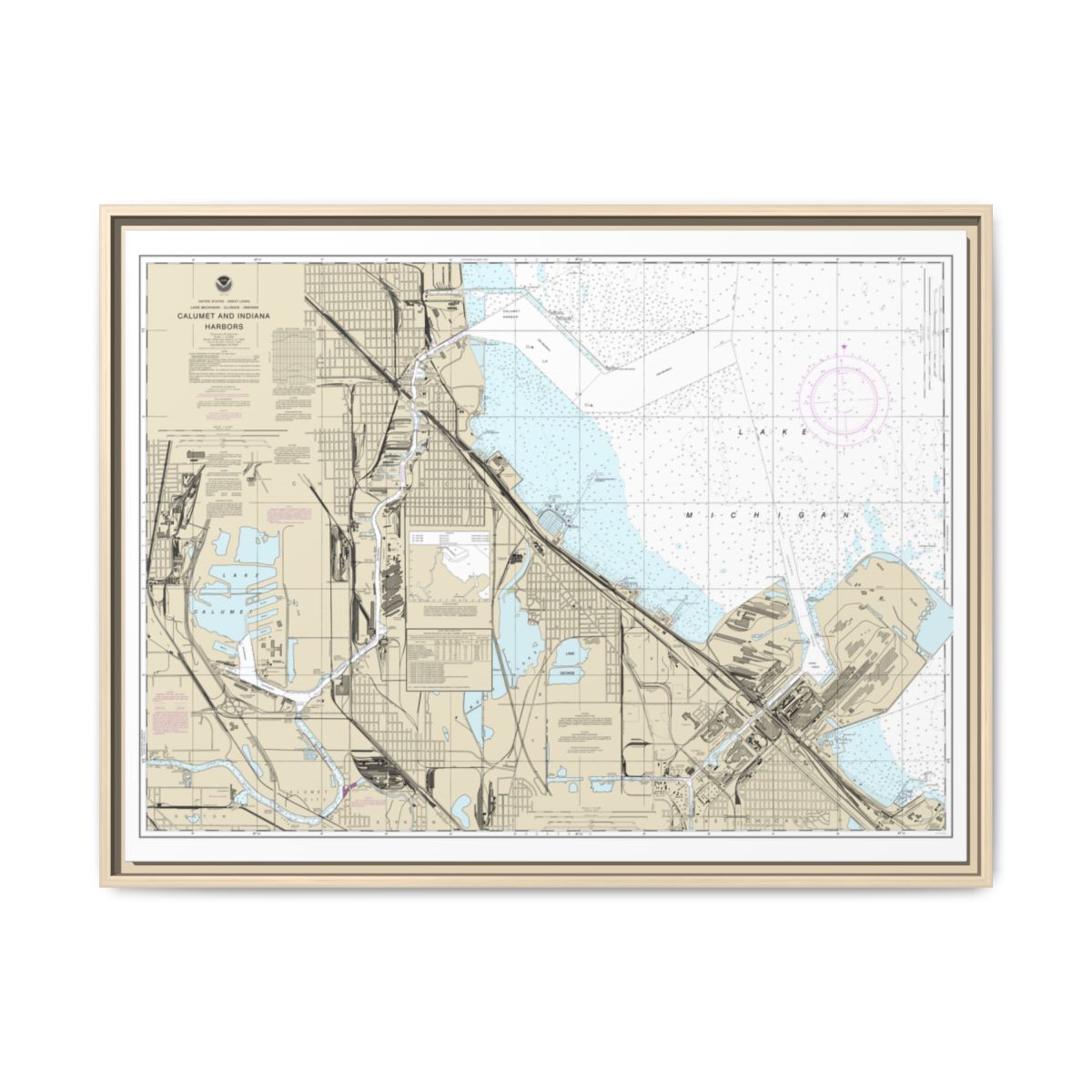 Chart 14929 Calumet, Indiana and Buffington Harbors, and Lake Calumet - NOAA Nautical Chart Floating Frame Canvas | 32" x 24" | 40" x 30" - Natural front
