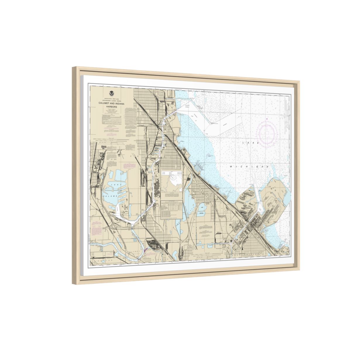 Chart 14929 Calumet, Indiana and Buffington Harbors, and Lake Calumet - NOAA Nautical Chart Floating Frame Canvas | 32" x 24" | 40" x 30" - Natural side