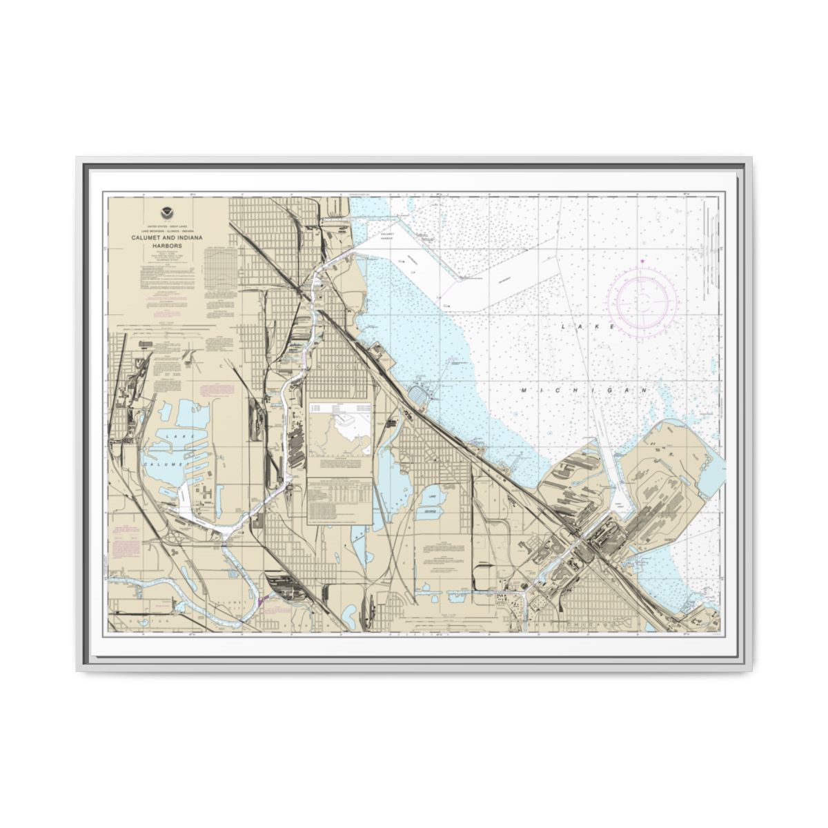Chart 14929 Calumet, Indiana and Buffington Harbors, and Lake Calumet - NOAA Nautical Chart Floating Frame Canvas | 32" x 24" | 40" x 30" - White front