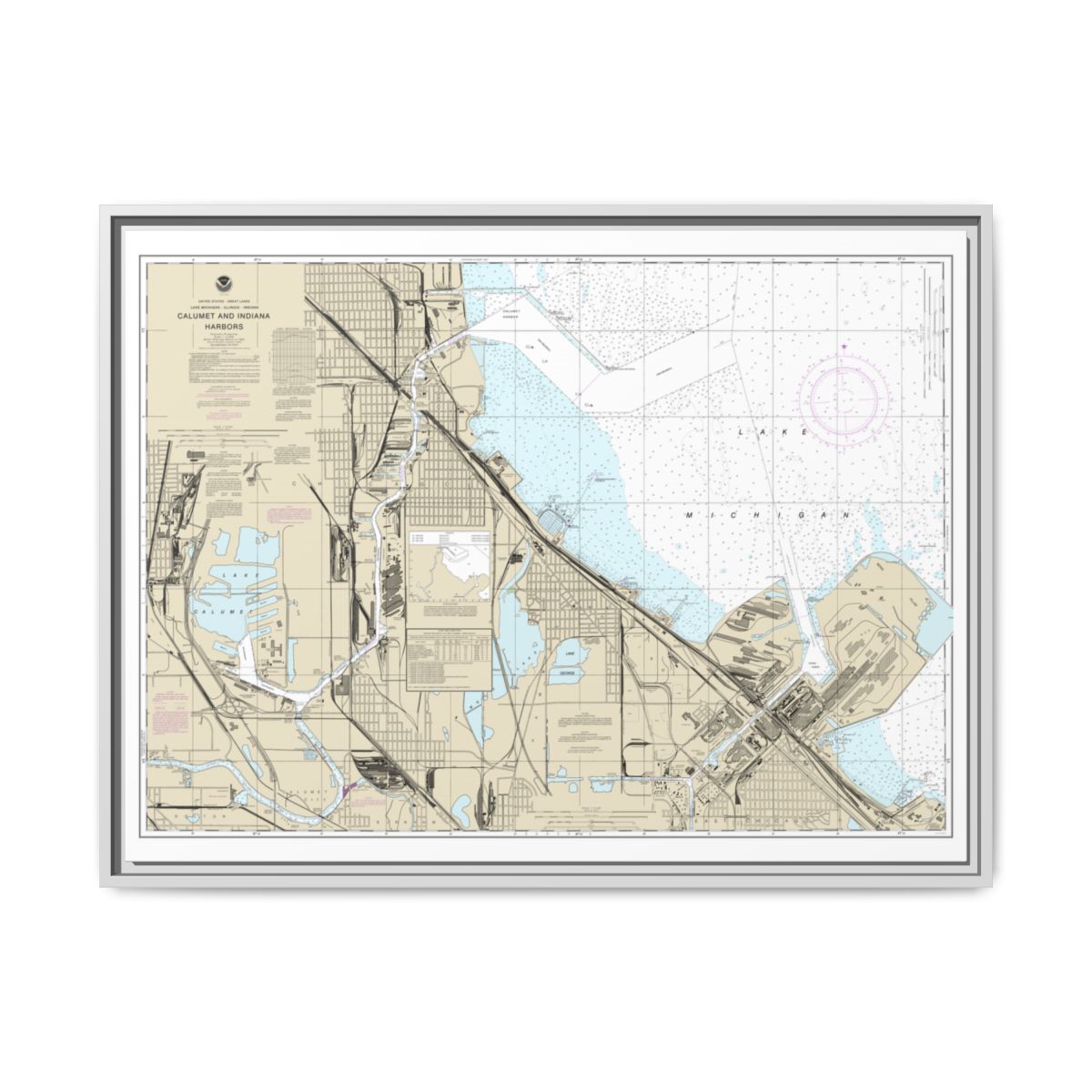 Chart 14929 Calumet, Indiana and Buffington Harbors, and Lake Calumet - NOAA Nautical Chart Floating Frame Canvas | 32" x 24" | 40" x 30" - White front
