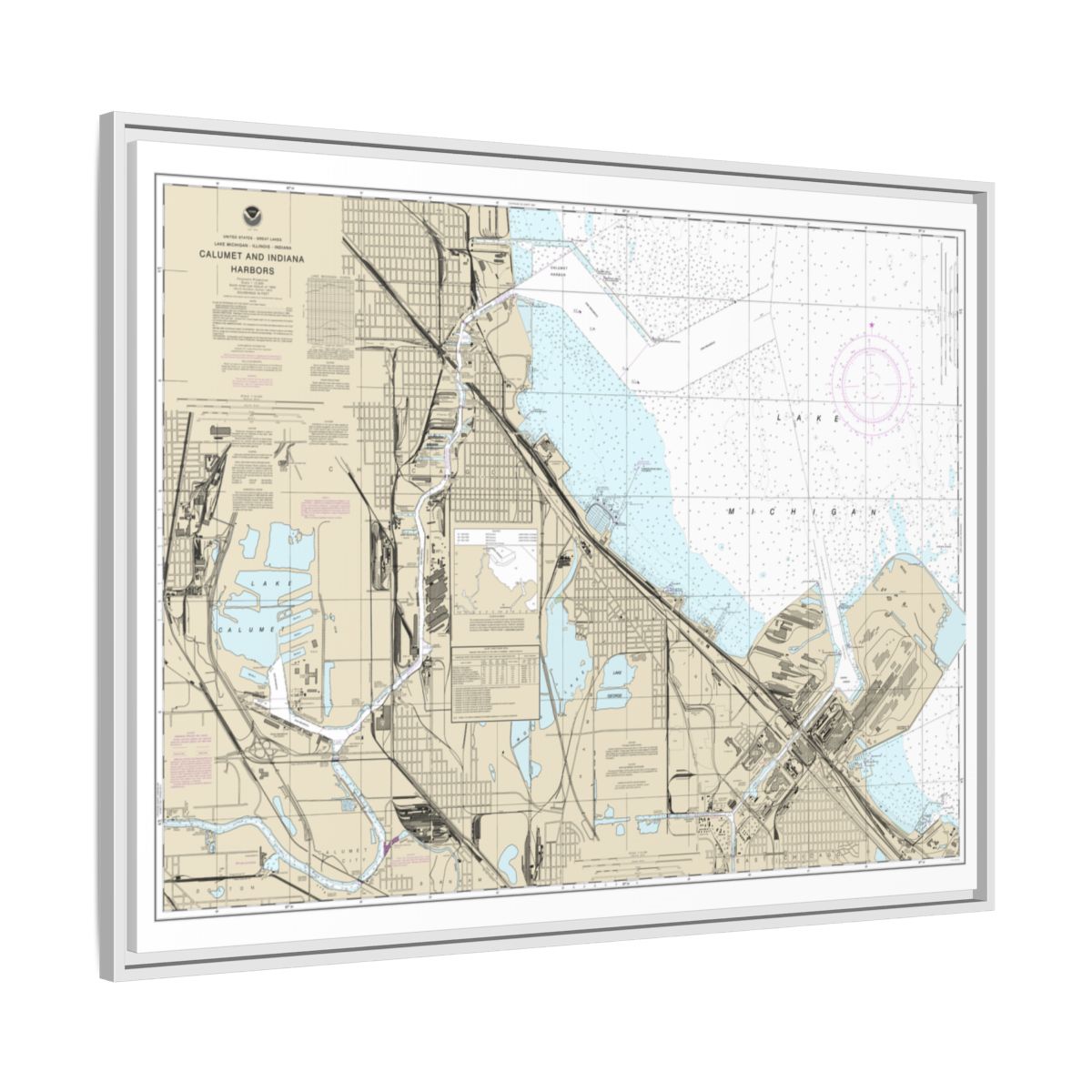 Chart 14929 Calumet, Indiana and Buffington Harbors, and Lake Calumet - NOAA Nautical Chart Floating Frame Canvas | 32" x 24" | 40" x 30" - White side