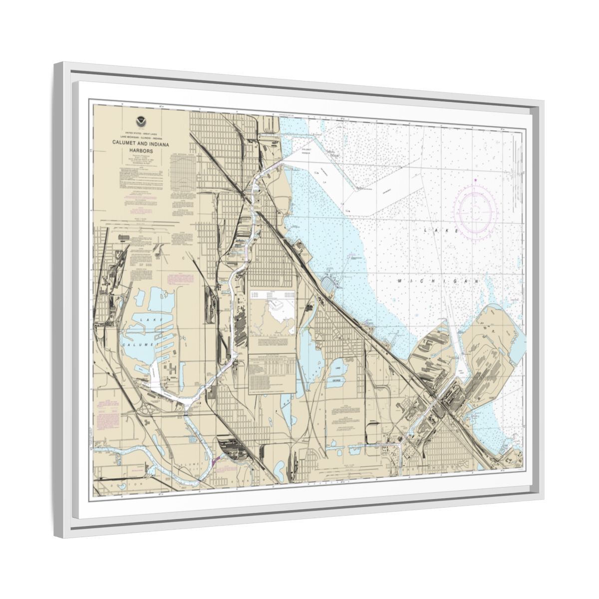 Chart 14929 Calumet, Indiana and Buffington Harbors, and Lake Calumet - NOAA Nautical Chart Floating Frame Canvas | 32" x 24" | 40" x 30" - White side