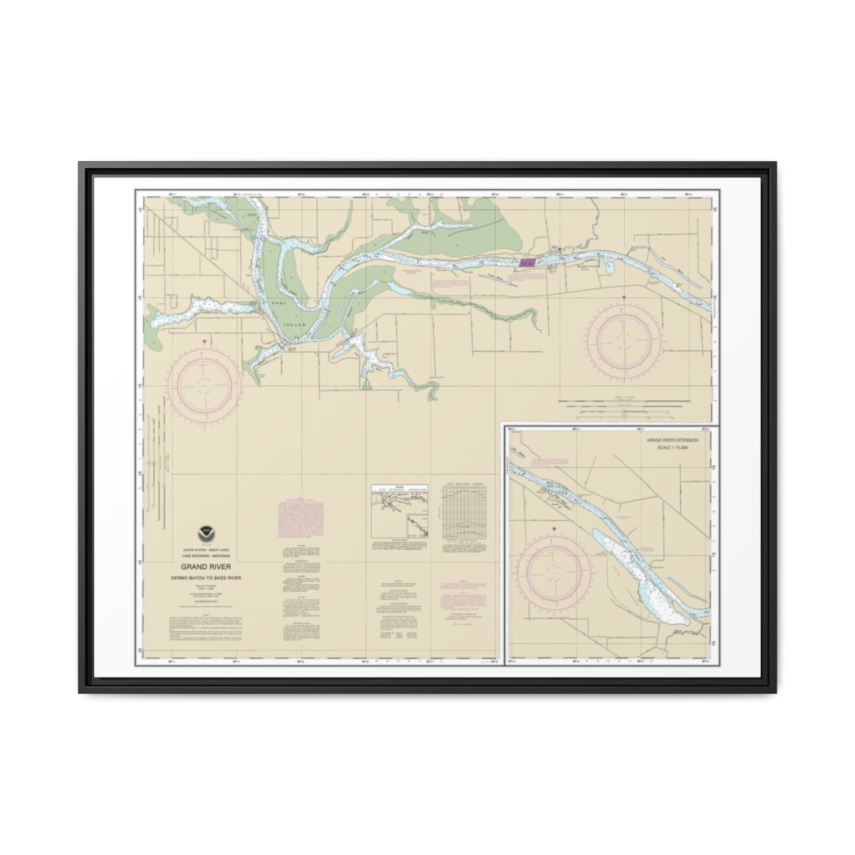 Chart 14931 Grand River From Dermo Bayou To Bass River - NOAA Nautical Chart Floating Frame Canvas | 32" x 24" | 40" x 30" - Black front