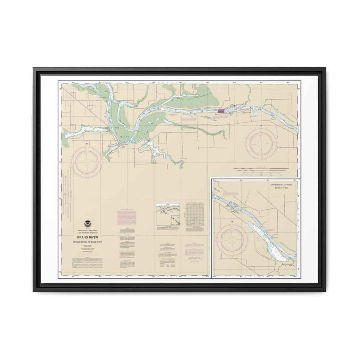 Chart 14931 Grand River From Dermo Bayou To Bass River - NOAA Nautical Chart Floating Frame Canvas | 32" x 24" | 40" x 30" - Black front