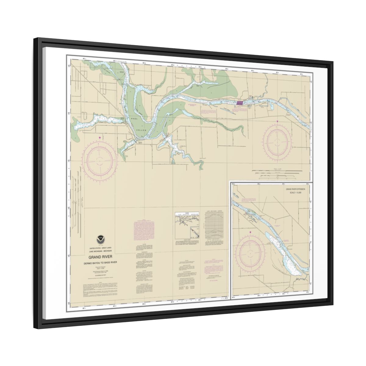 Chart 14931 Grand River From Dermo Bayou To Bass River - NOAA Nautical Chart Floating Frame Canvas | 32" x 24" | 40" x 30" - Black side