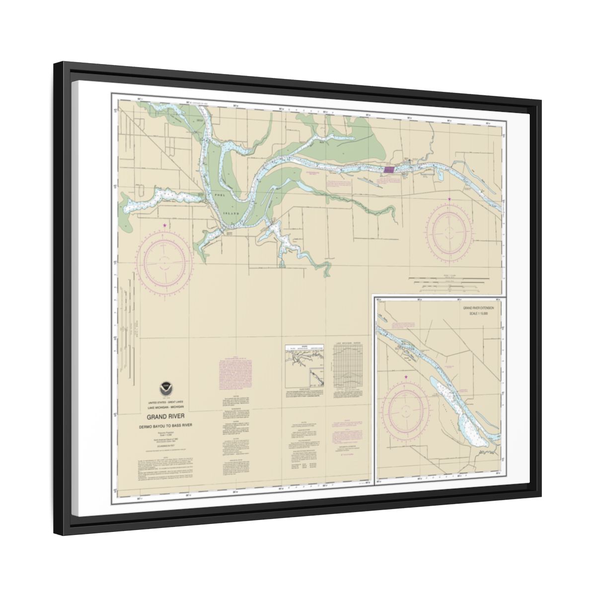 Chart 14931 Grand River From Dermo Bayou To Bass River - NOAA Nautical Chart Floating Frame Canvas | 32" x 24" | 40" x 30" - Black side