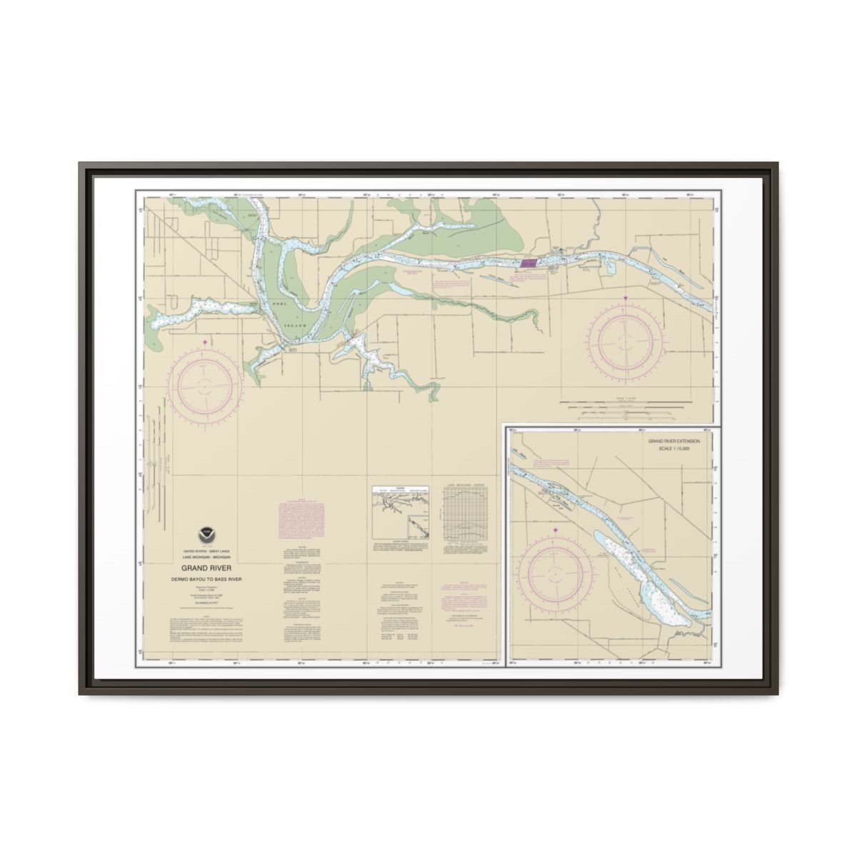 Chart 14931 Grand River From Dermo Bayou To Bass River - NOAA Nautical Chart Floating Frame Canvas | 32" x 24" | 40" x 30" - Espresso front