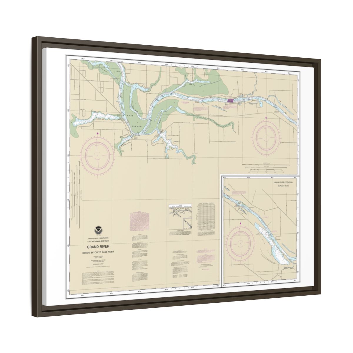 Chart 14931 Grand River From Dermo Bayou To Bass River - NOAA Nautical Chart Floating Frame Canvas | 32" x 24" | 40" x 30" - Espresso side