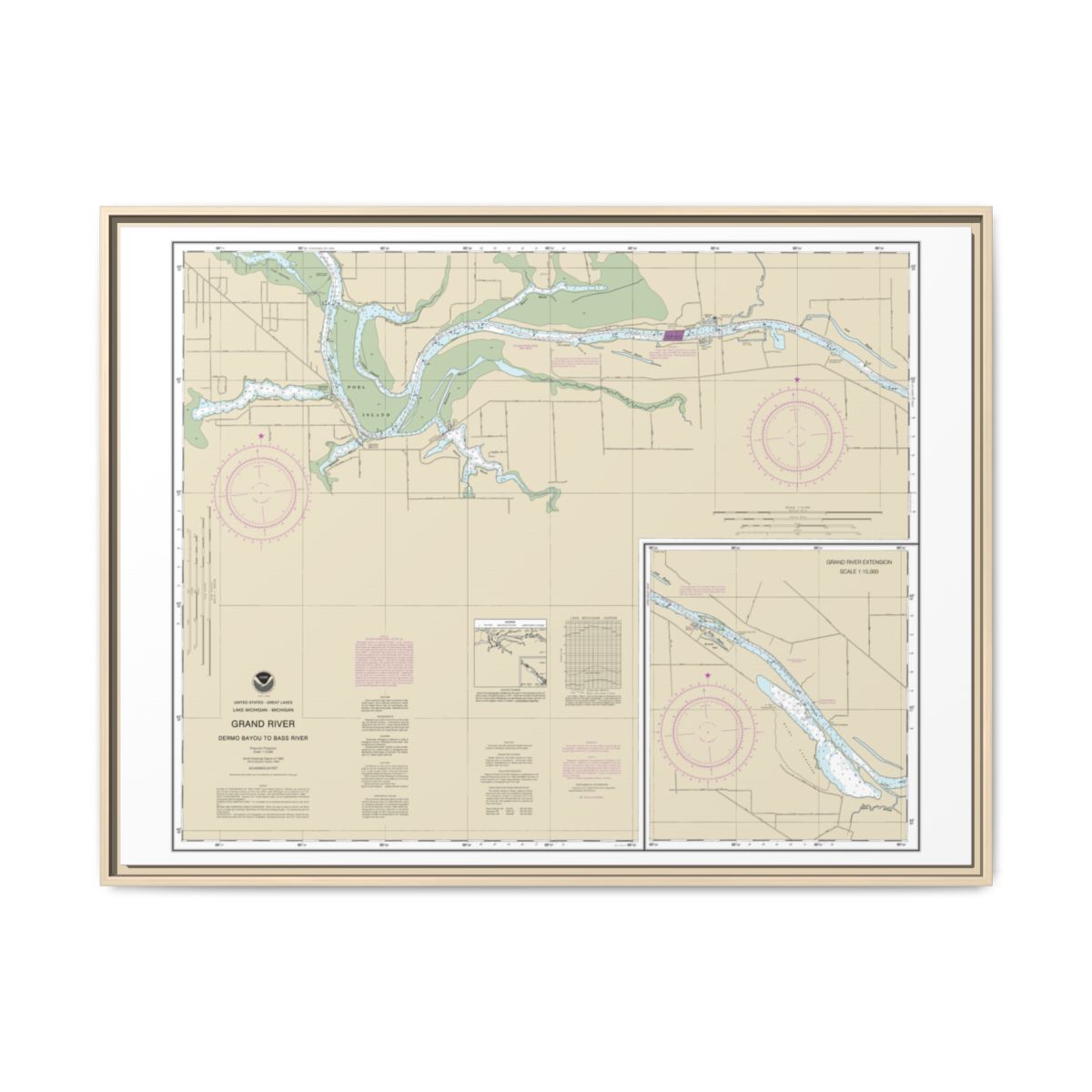 Chart 14931 Grand River From Dermo Bayou To Bass River - NOAA Nautical Chart Floating Frame Canvas | 32" x 24" | 40" x 30" - Natural front