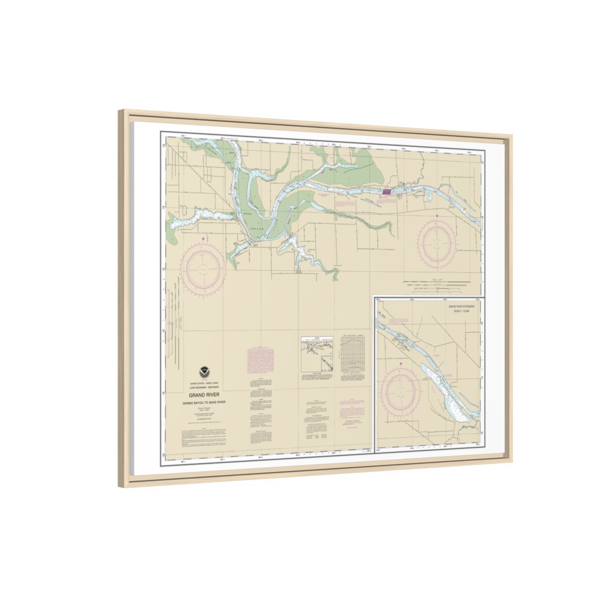 Chart 14931 Grand River From Dermo Bayou To Bass River - NOAA Nautical Chart Floating Frame Canvas | 32" x 24" | 40" x 30" - Natural side
