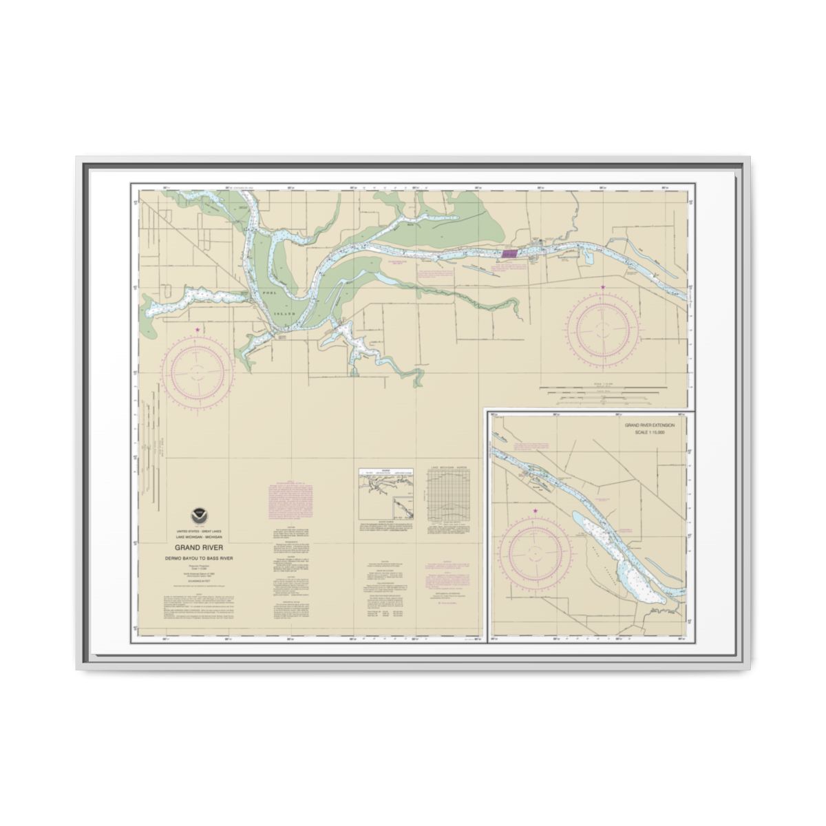 Chart 14931 Grand River From Dermo Bayou To Bass River - NOAA Nautical Chart Floating Frame Canvas | 32" x 24" | 40" x 30" - White front