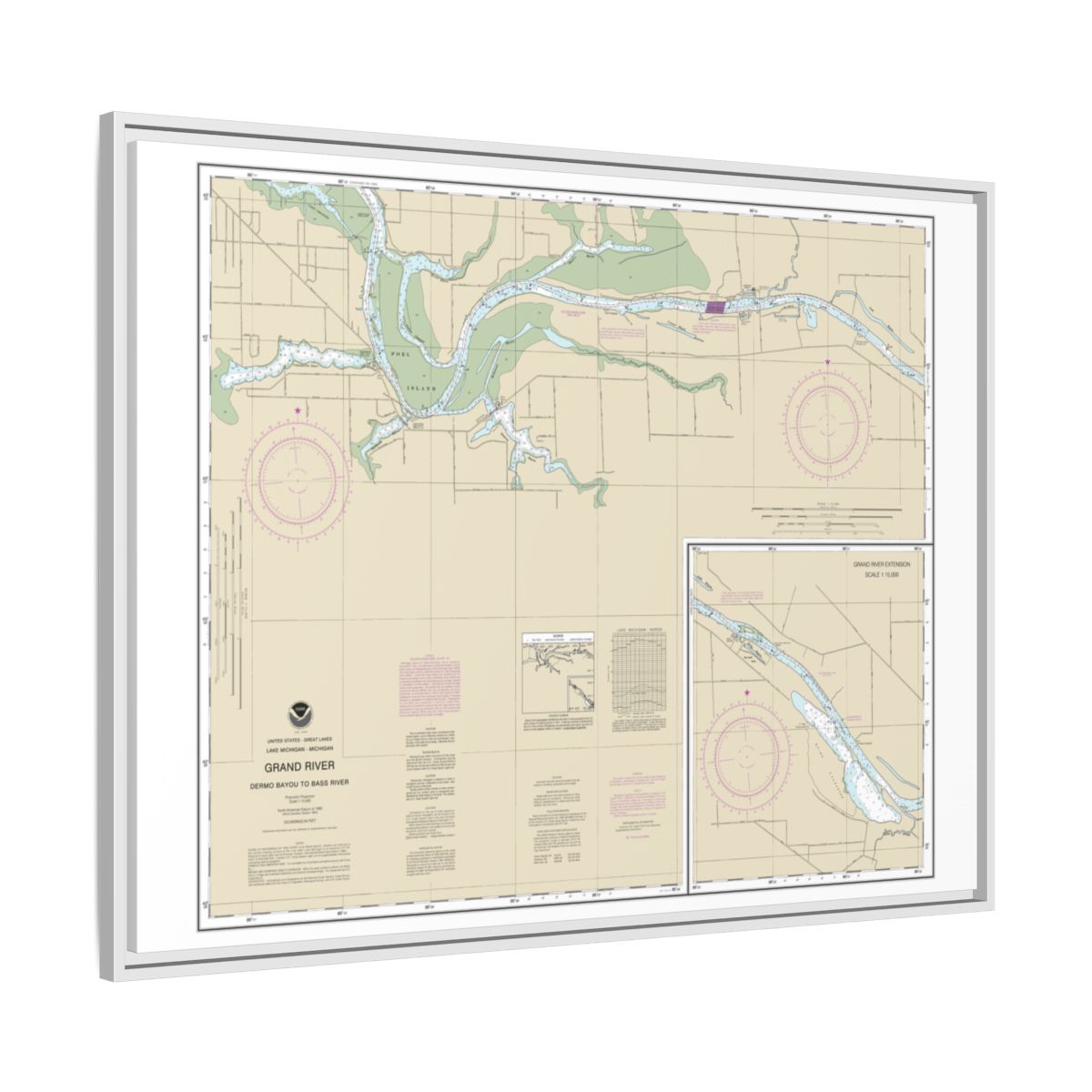 Chart 14931 Grand River From Dermo Bayou To Bass River - NOAA Nautical Chart Floating Frame Canvas | 32" x 24" | 40" x 30" - White side