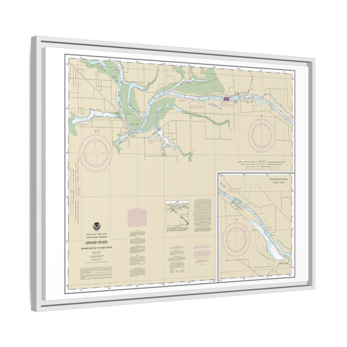Chart 14931 Grand River From Dermo Bayou To Bass River - NOAA Nautical Chart Floating Frame Canvas | 32" x 24" | 40" x 30" - White side