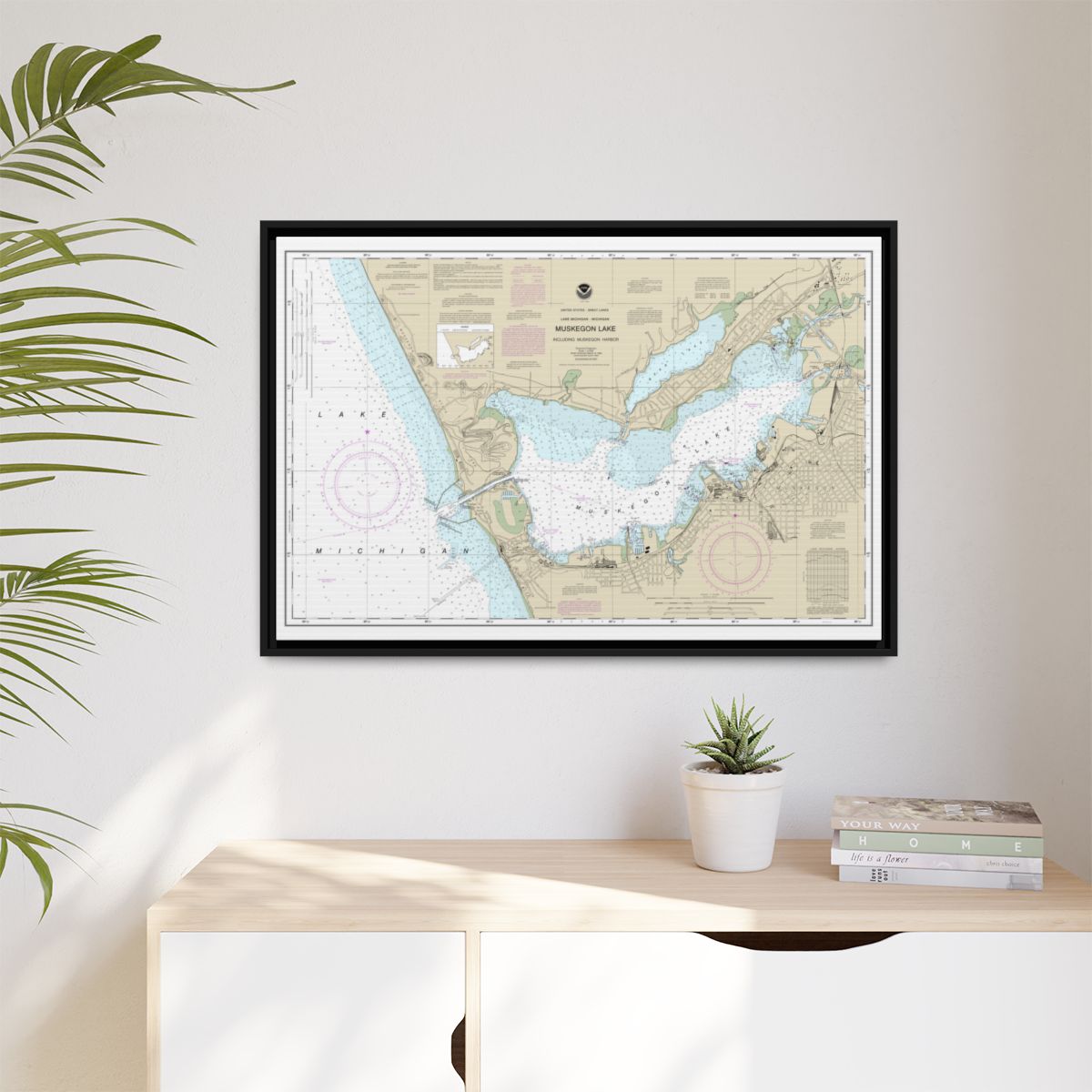 Chart 14934 Muskegon Lake and Muskegon Harbor - NOAA Nautical Chart Floating Frame Canvas | 30" x 20" | 36" x 24" | 48" x 32" - Black context-1