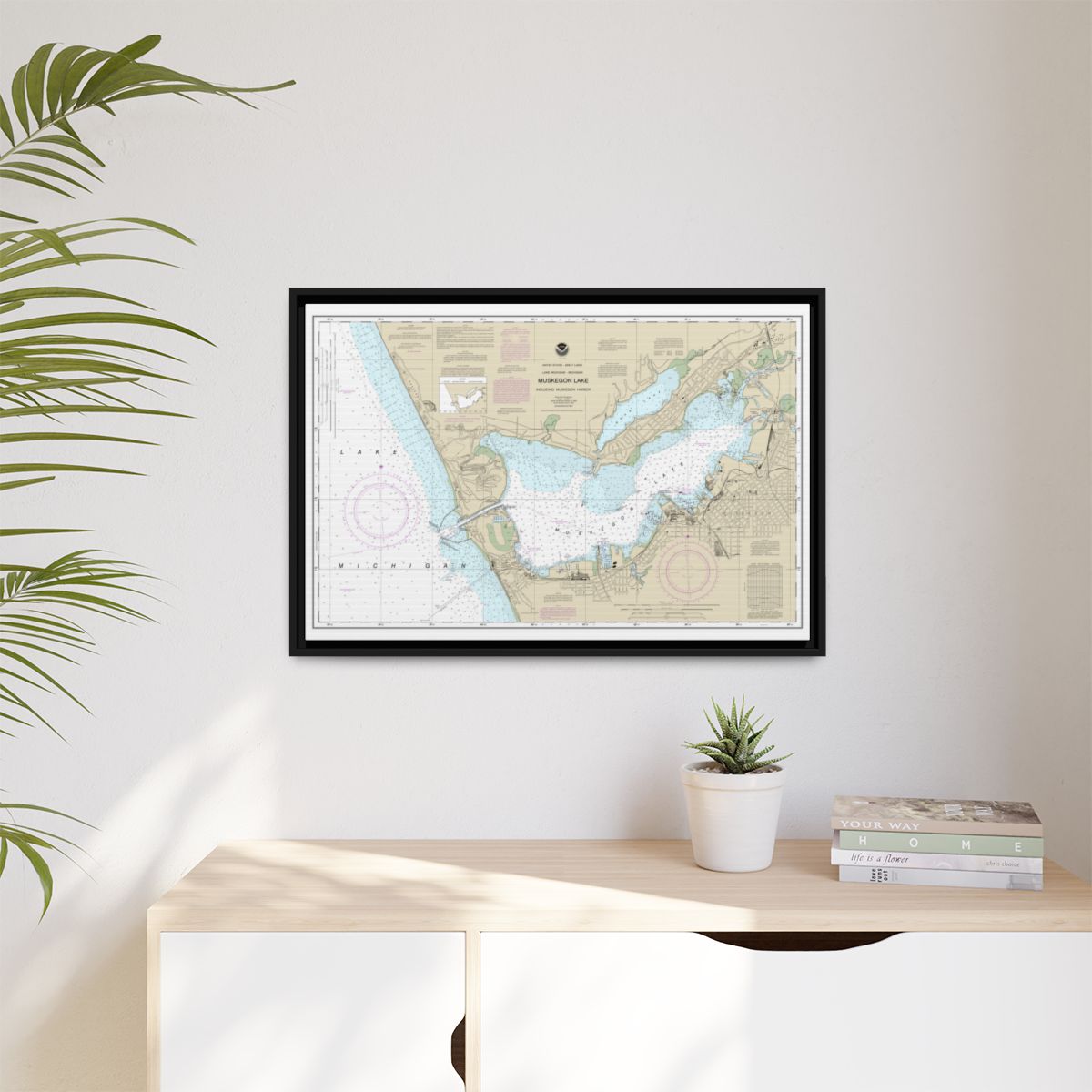 Chart 14934 Muskegon Lake and Muskegon Harbor - NOAA Nautical Chart Floating Frame Canvas | 30" x 20" | 36" x 24" | 48" x 32" - Black context-1