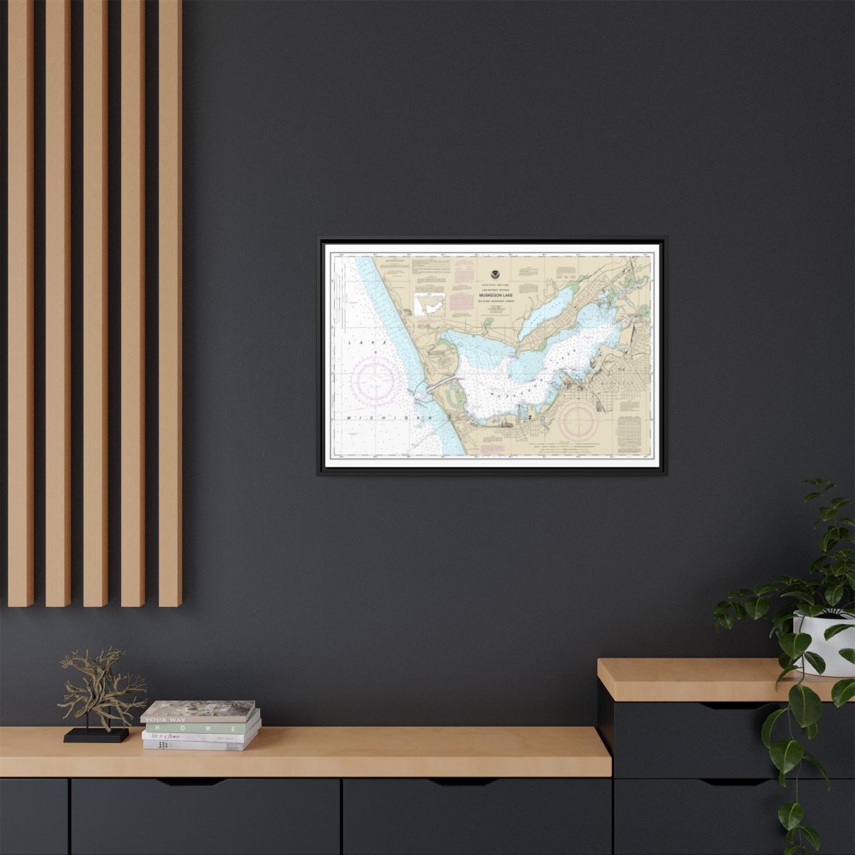 Chart 14934 Muskegon Lake and Muskegon Harbor - NOAA Nautical Chart Floating Frame Canvas | 30" x 20" | 36" x 24" | 48" x 32" - Black context-2