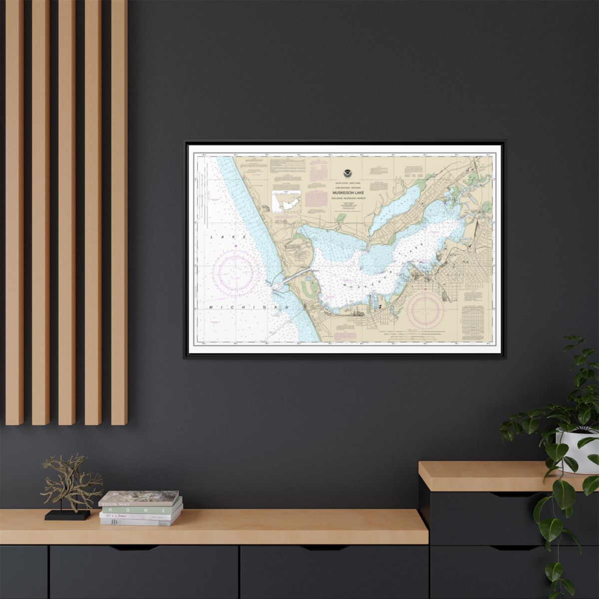 Chart 14934 Muskegon Lake and Muskegon Harbor - NOAA Nautical Chart Floating Frame Canvas | 30" x 20" | 36" x 24" | 48" x 32" - Black context-2