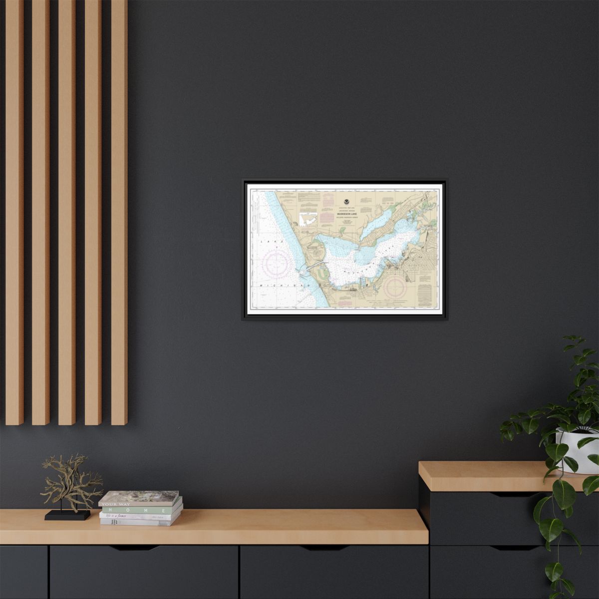 Chart 14934 Muskegon Lake and Muskegon Harbor - NOAA Nautical Chart Floating Frame Canvas | 30" x 20" | 36" x 24" | 48" x 32" - Black context-2