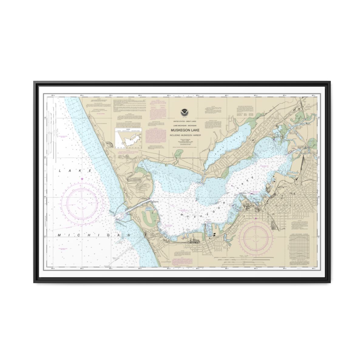 Chart 14934 Muskegon Lake and Muskegon Harbor - NOAA Nautical Chart Floating Frame Canvas | 30" x 20" | 36" x 24" | 48" x 32" - Black front