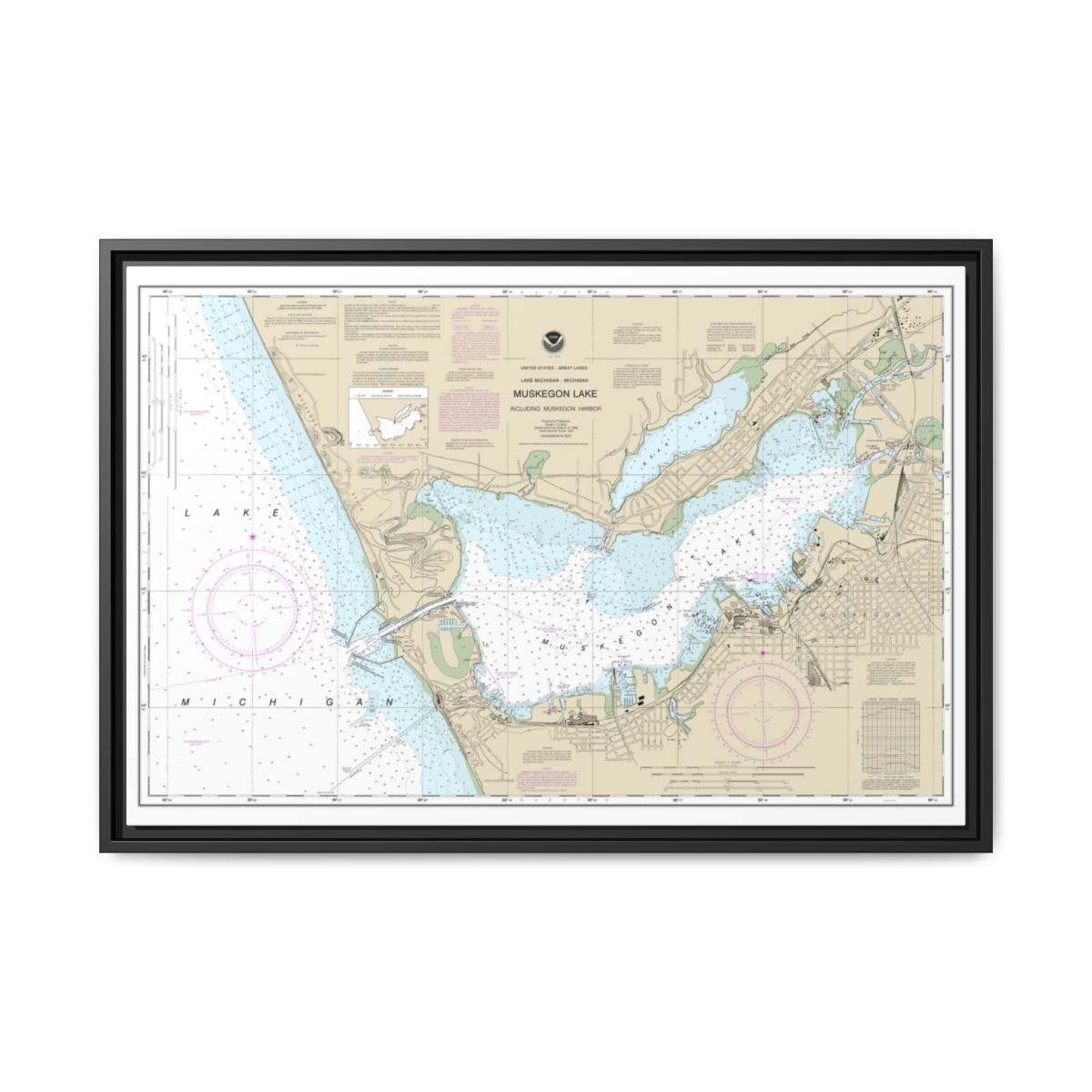 Chart 14934 Muskegon Lake and Muskegon Harbor - NOAA Nautical Chart Floating Frame Canvas | 30" x 20" | 36" x 24" | 48" x 32" - Black front