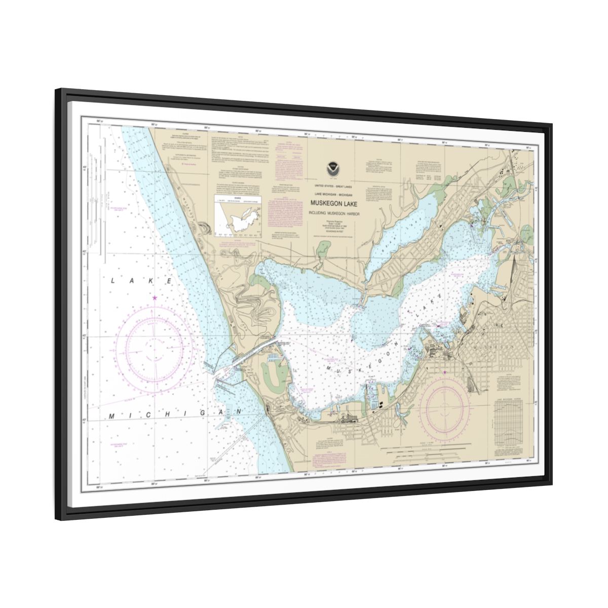 Chart 14934 Muskegon Lake and Muskegon Harbor - NOAA Nautical Chart Floating Frame Canvas | 30" x 20" | 36" x 24" | 48" x 32" - Black side