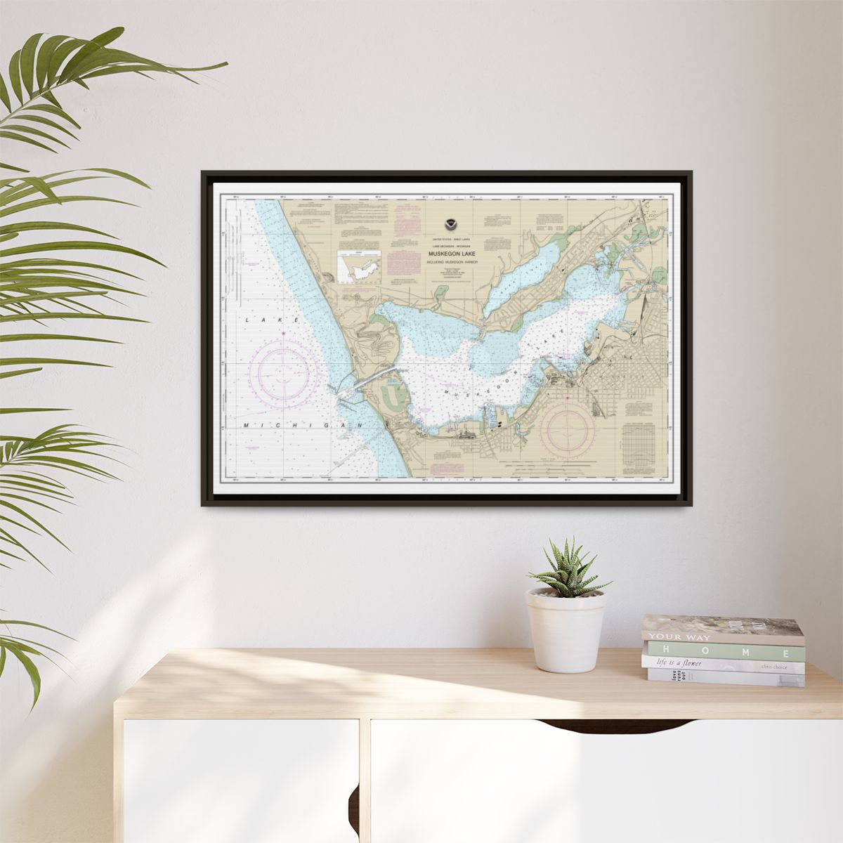 Chart 14934 Muskegon Lake and Muskegon Harbor - NOAA Nautical Chart Floating Frame Canvas | 30" x 20" | 36" x 24" | 48" x 32" - Espresso context-1