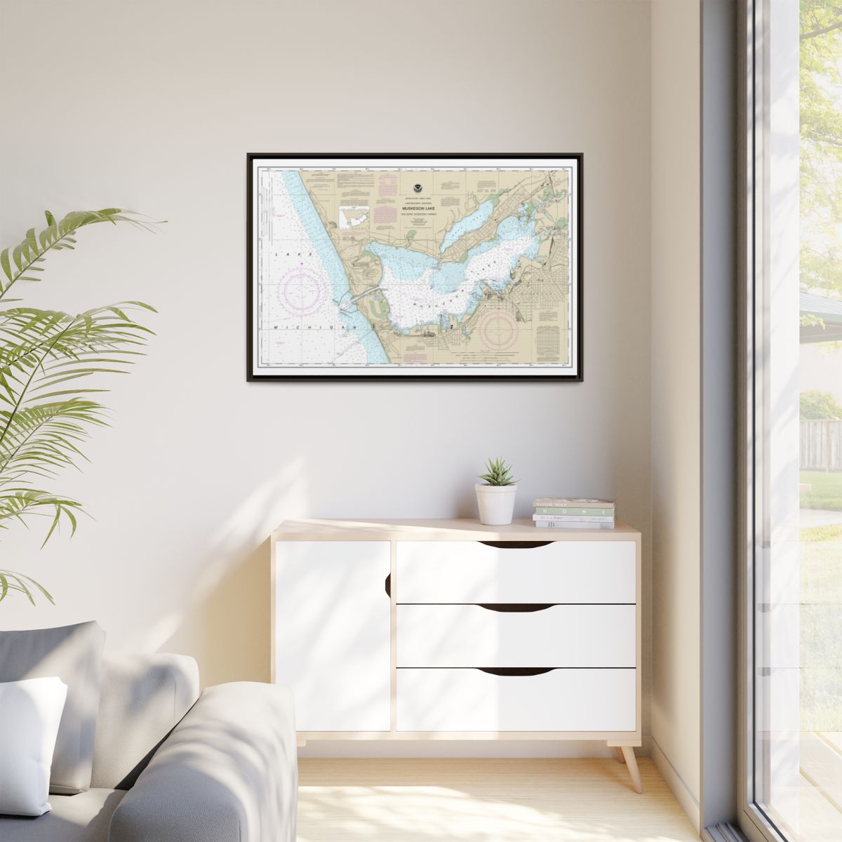 Chart 14934 Muskegon Lake and Muskegon Harbor - NOAA Nautical Chart Floating Frame Canvas | 30" x 20" | 36" x 24" | 48" x 32" - Espresso context-1